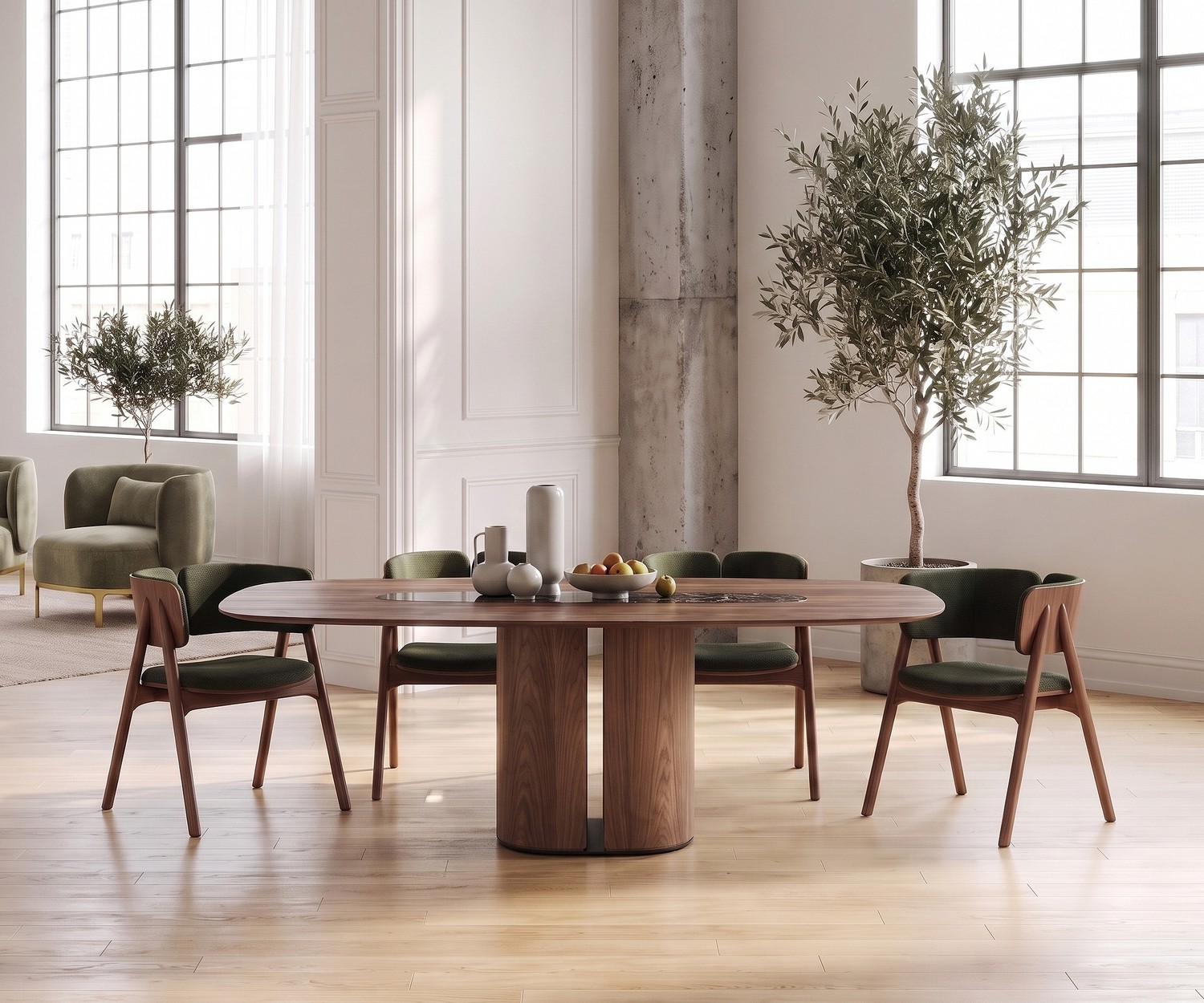 al2 el-it c 001 oval wooden dining table al2 el-it c 001 dining table in wood, in a bright modern dining room with green chairs and minimalist decor.