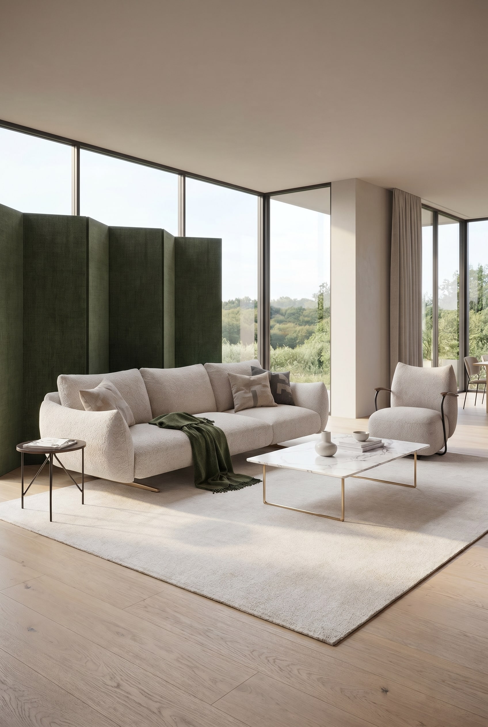 Divano bouclé chiaro e voluminoso in un soggiorno con plaid di lana verde scuro, luce soffusa e un paravento tessile verde scuro sullo sfondo