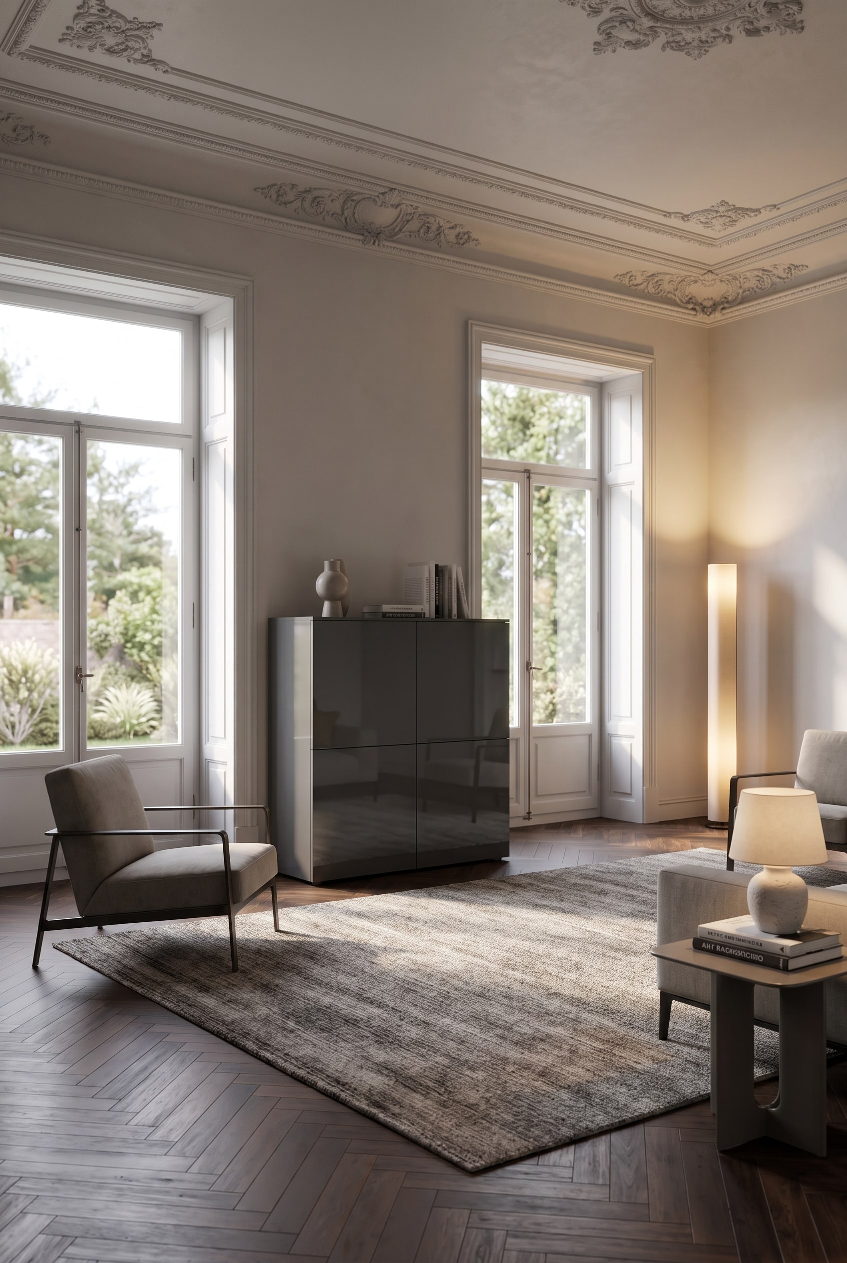 Un highboard laccato opaco alto 140 cm si trova al centro tra due finestre profonde in una stanza d'epoca con parquet a spina di pesce e soffitto a stucco.