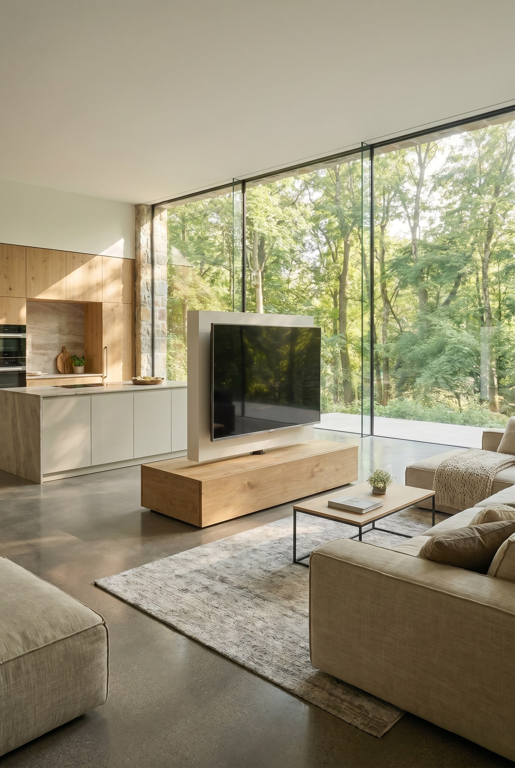 Room divider with swiveling panel between sofa and kitchen island in a luxury loft