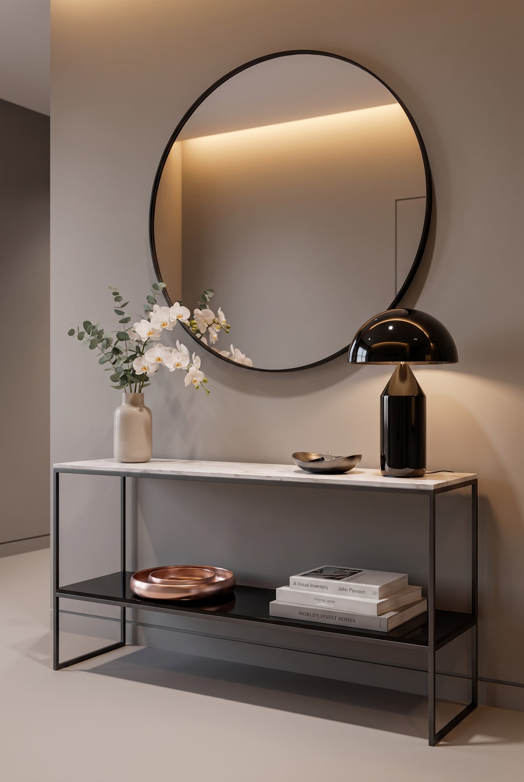 Minimalist Marelli Console Frame with a resistant ceramic top in the entrance area.