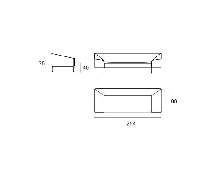 3 Sitzer Design Sofa Seam von Prostoria Skizze Größen Angaben zur Größe Maße