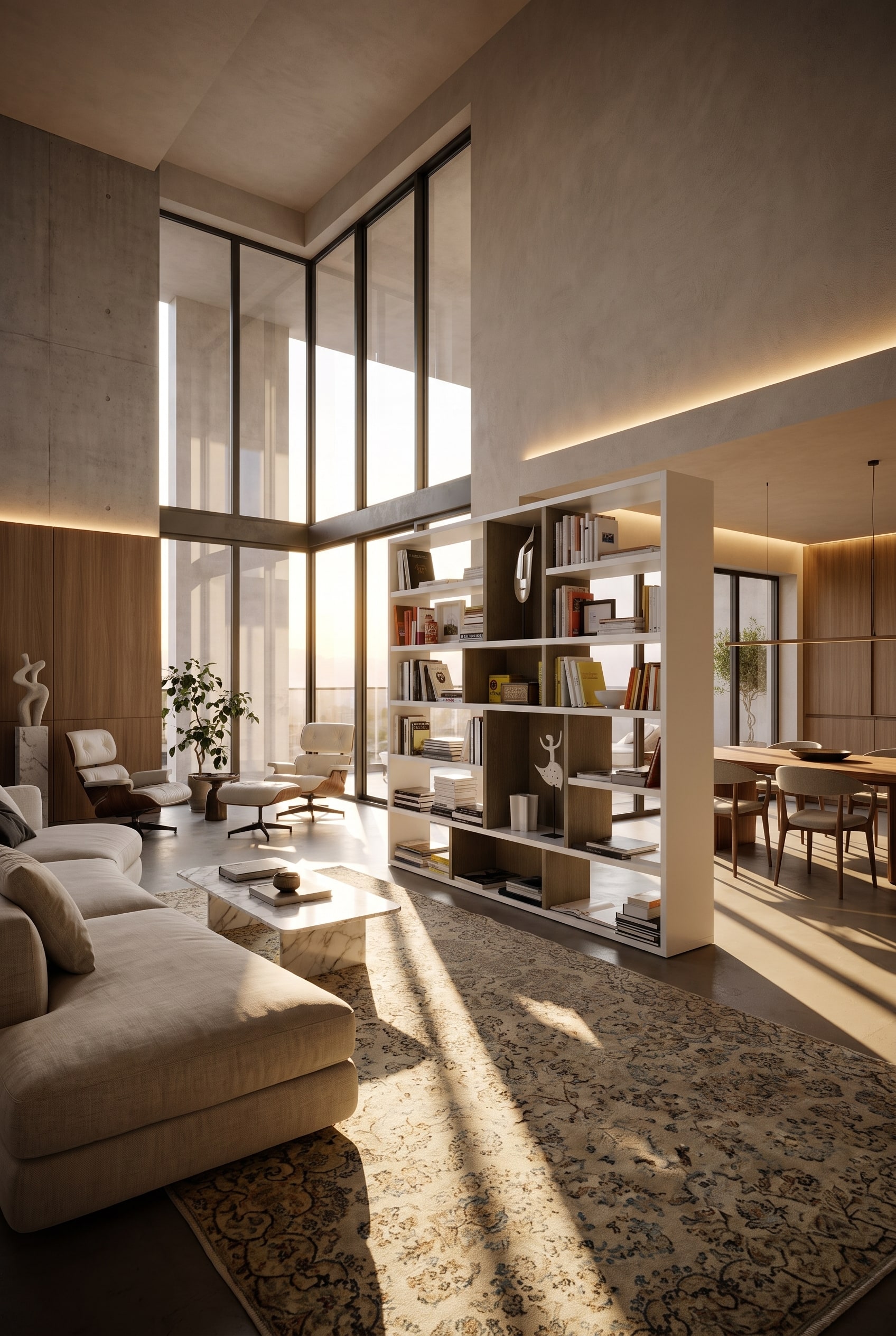 Light-filled loft with an open white room divider bookshelf, stylishly separating the dining and living areas