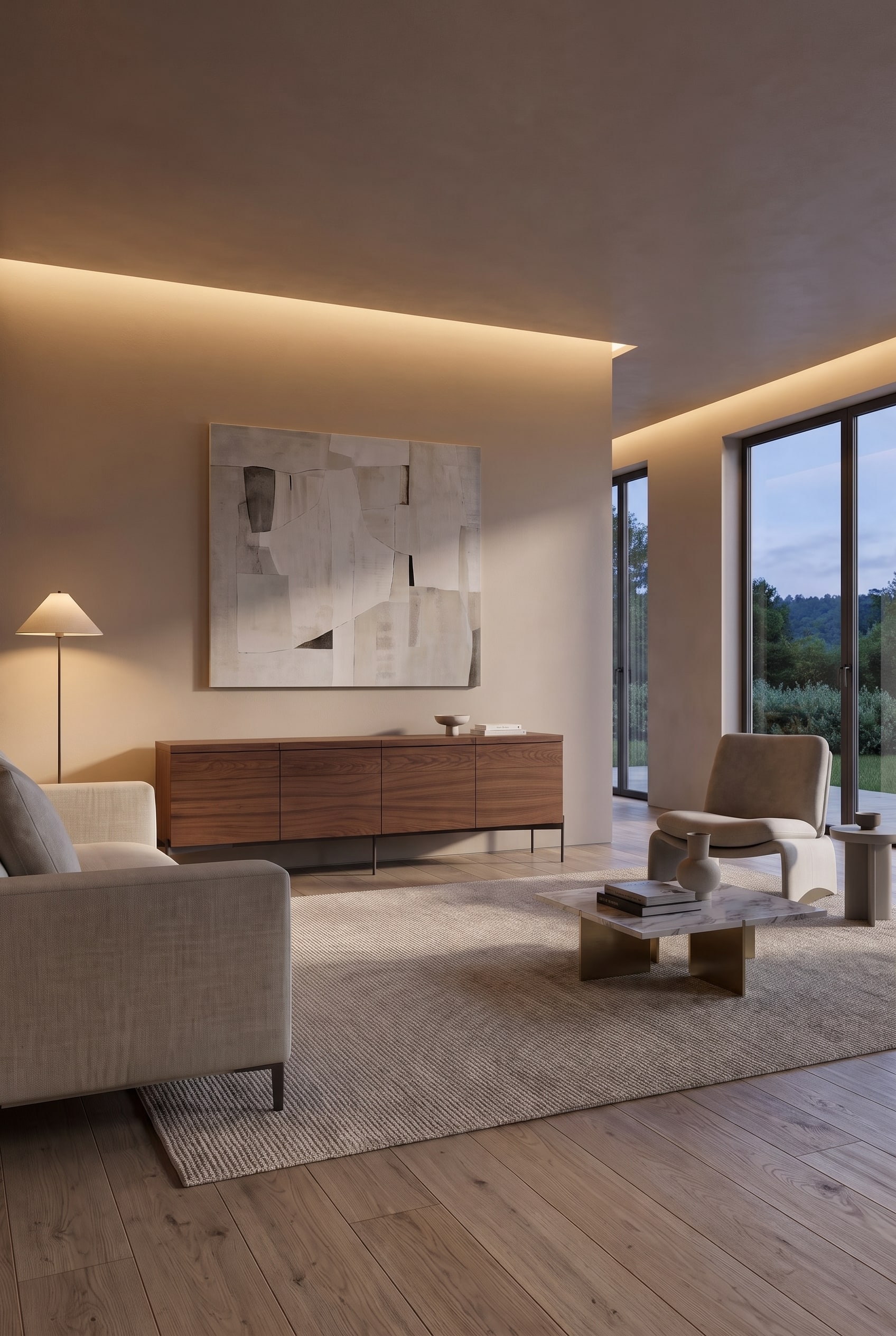 Modern living room with a dark wooden sideboard, light sofa, marble coffee table, and large abstract wall art.
