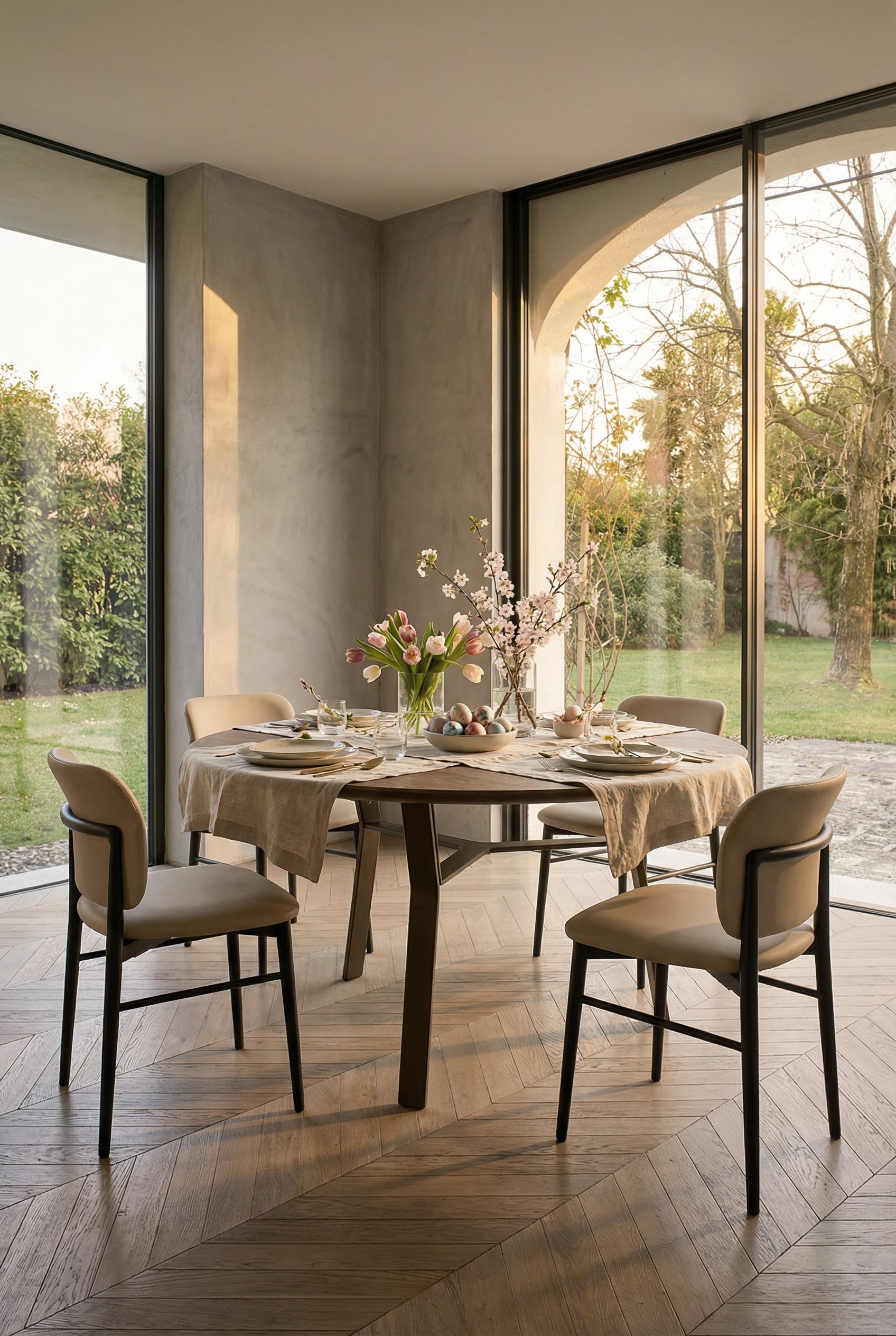 Livitalia Iron eettafel met massief houten blad en filigraan metalen onderstel in de moderne eetkamer