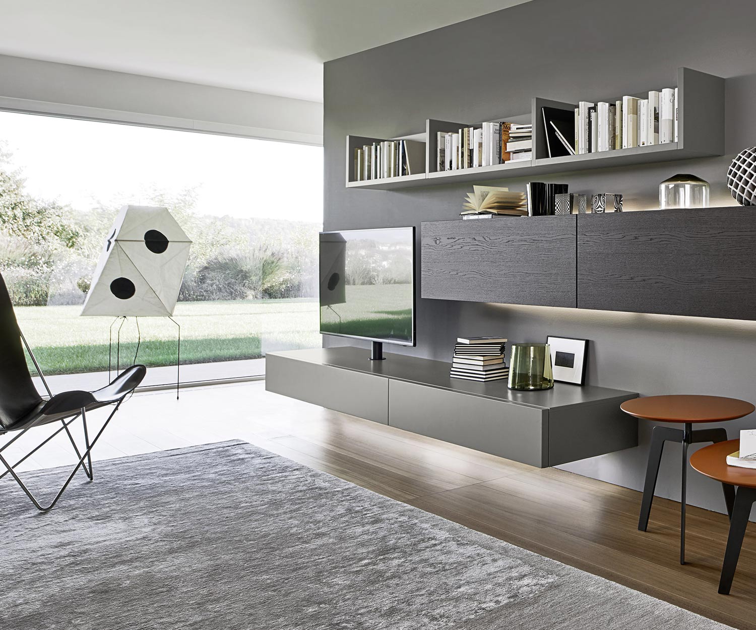 Hochwertiges Hängendes Livitalia Design Vesa Design Lowboard mit VESA TV Halterung in Dunkelgrau Matt