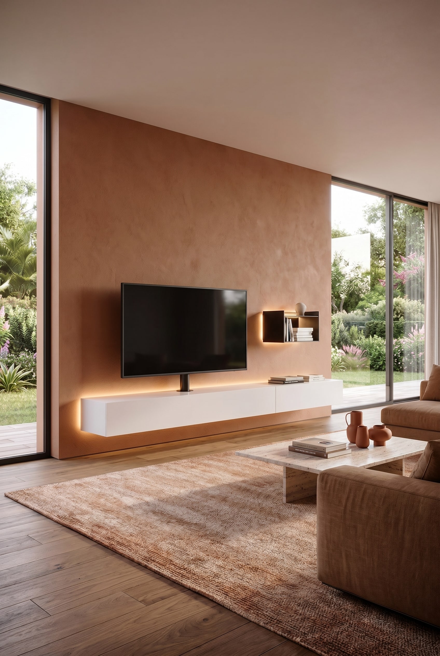 Minimalistisch wit lowboard met geïntegreerde tv-beugel en flatscreen aan een wand in aardetinten