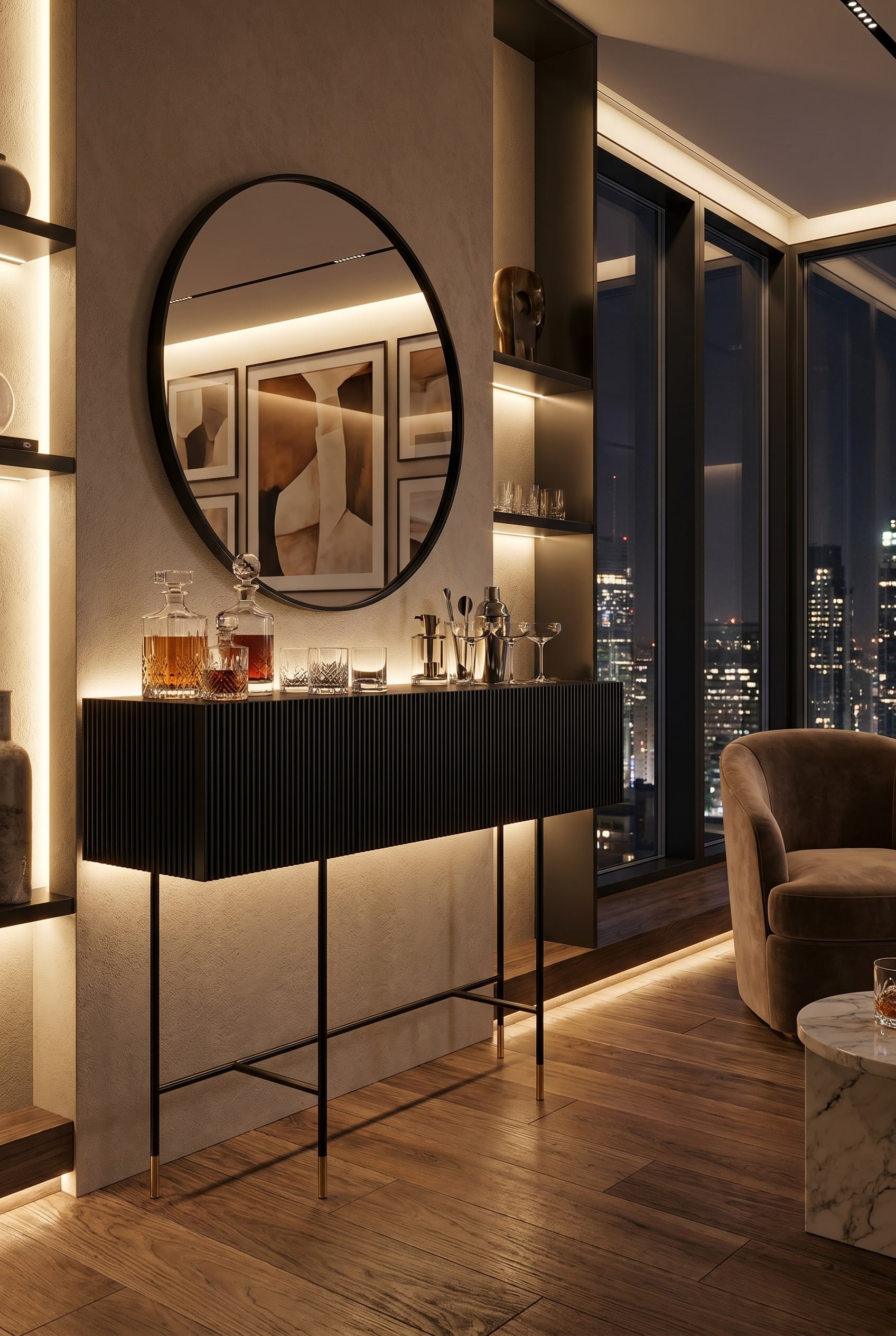 Compacte woonkamer met smal, zwart bar-sideboard met groefstructuur op hoge, filigrane metalen poten