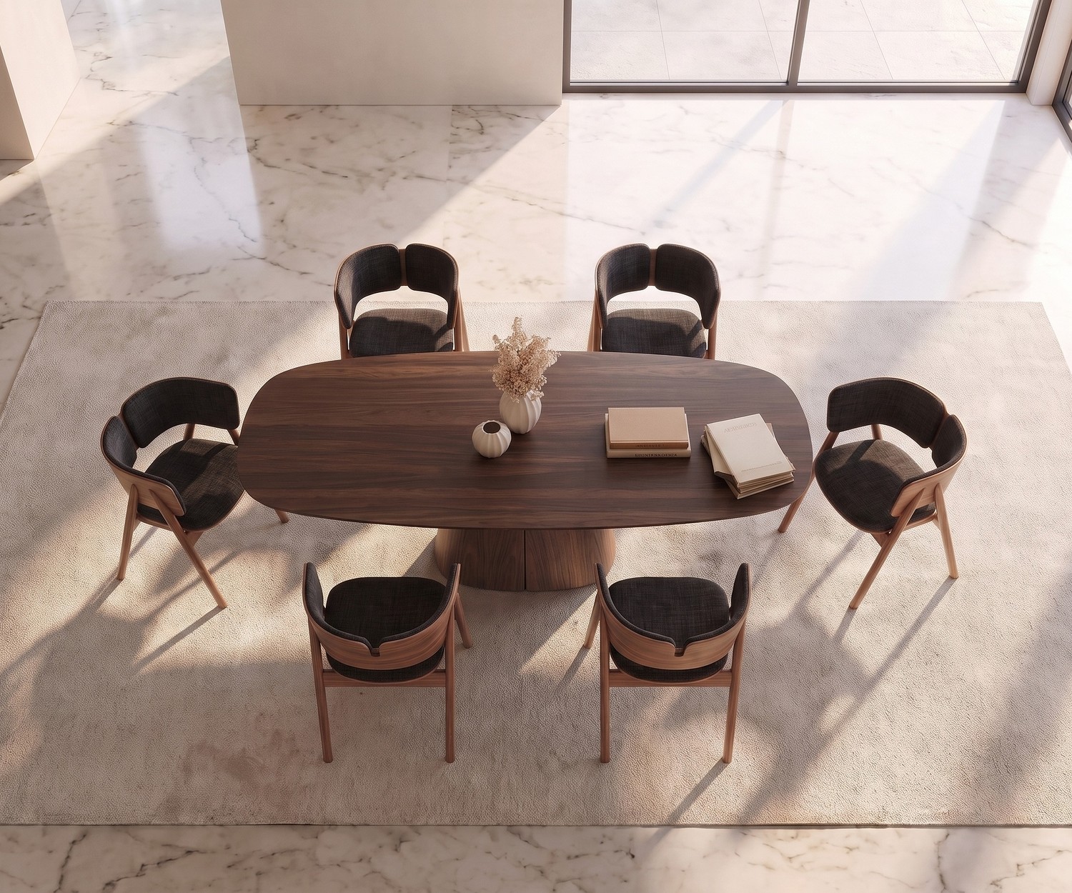 al2 tessera 001 Oval Wooden Design Dining Table al2 tessera 001 oval wooden design dining table for the dining room with elegant chairs on a rug.
