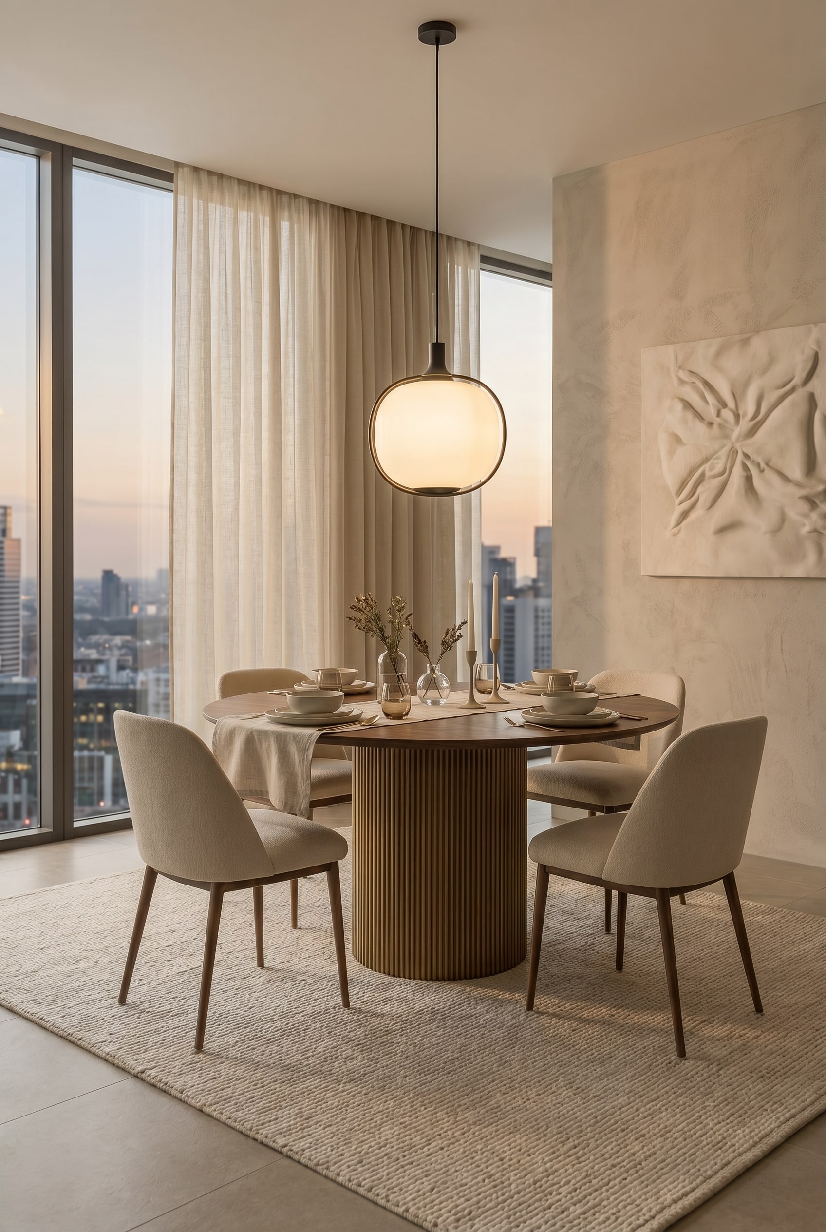 Ronde eettafel van notenhout met verticaal geribbelde centrale sokkel, omgeven door comfortabele, zwaar gestoffeerde beige stoelen