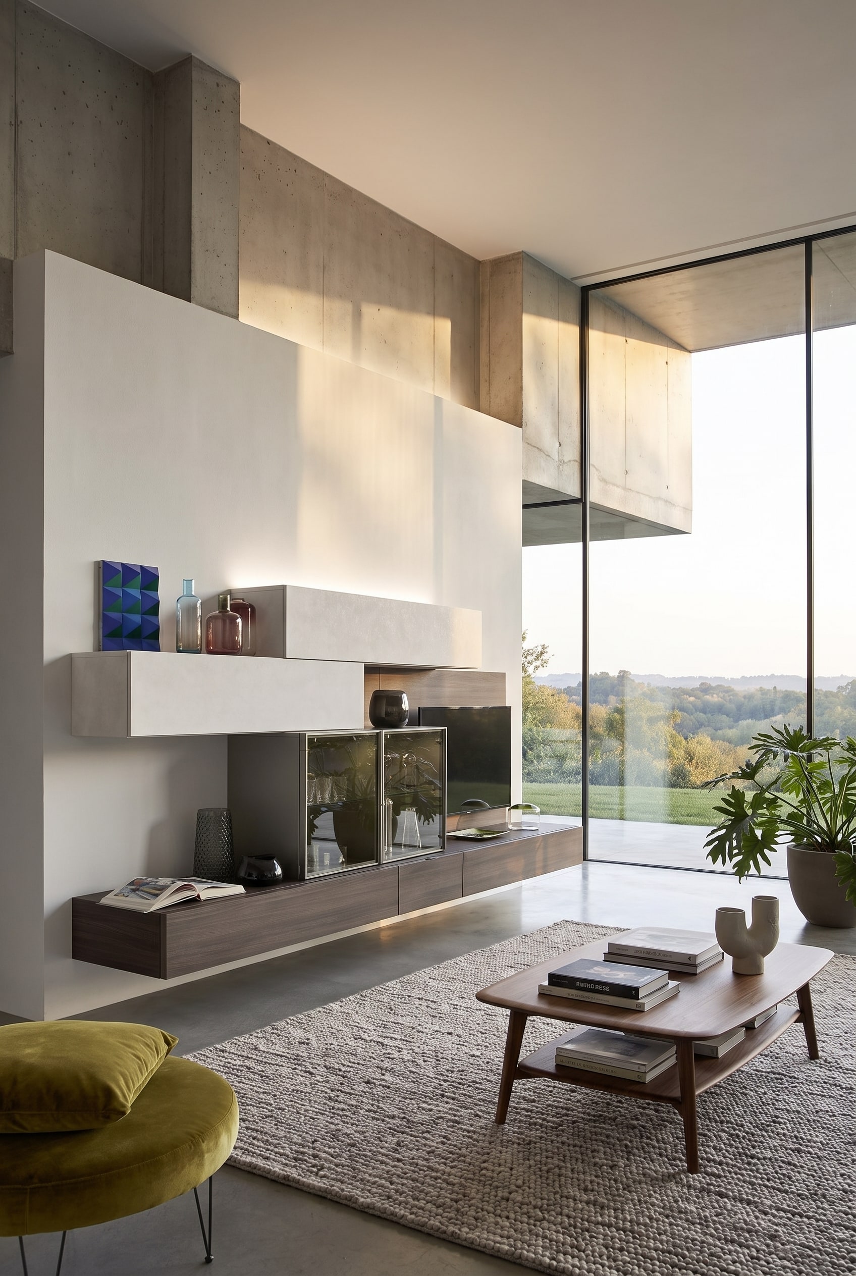 Moderne Livitalia Wohnwand C35 mit schwenkbarem TV-Paneel in einem stilvollen L-f&ouml;rmigen Wohnzimmer.