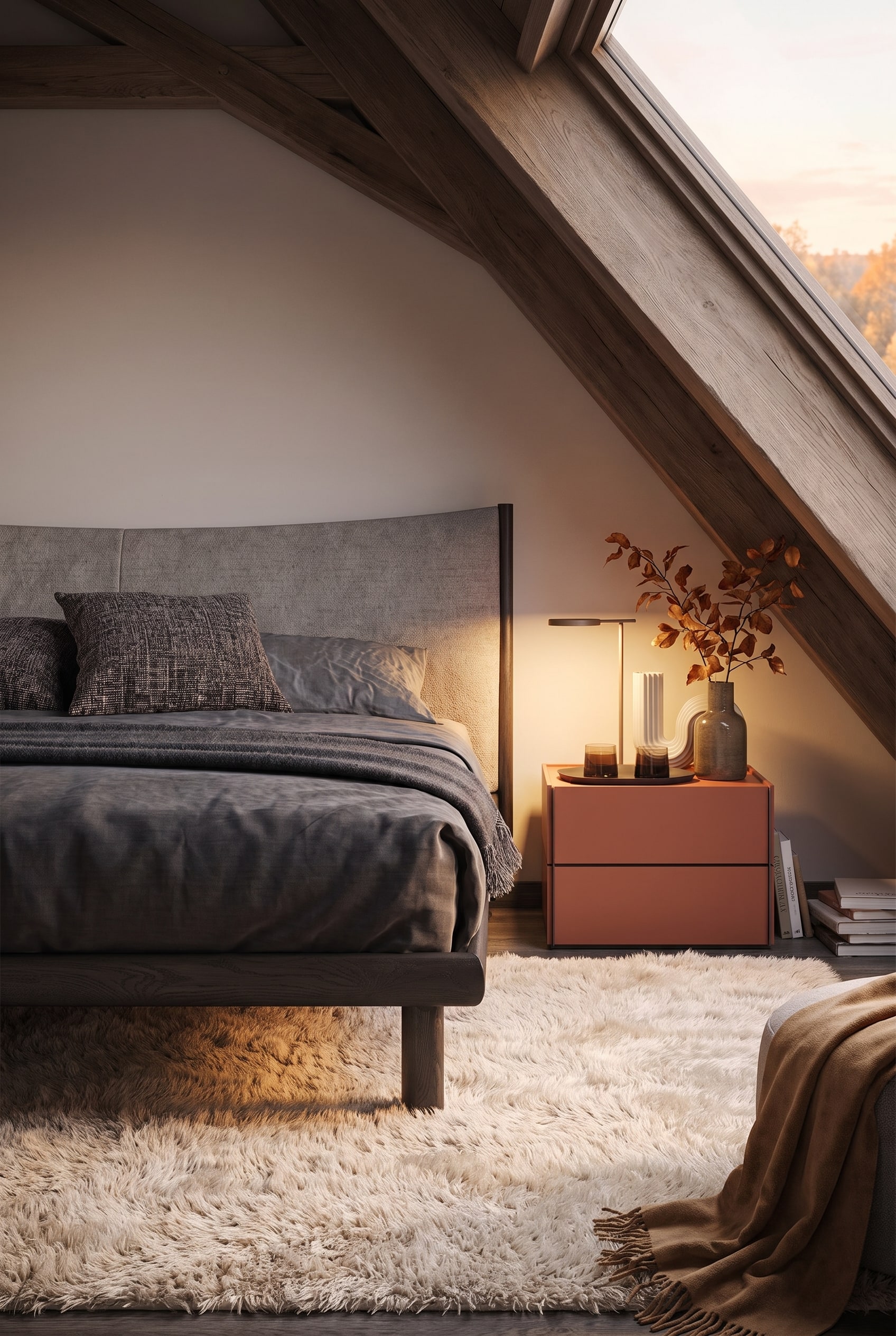 Primo piano di un elegante letto in legno con rivestimento in lino strutturato, tappeto a pelo lungo e lampada da comodino minimalista