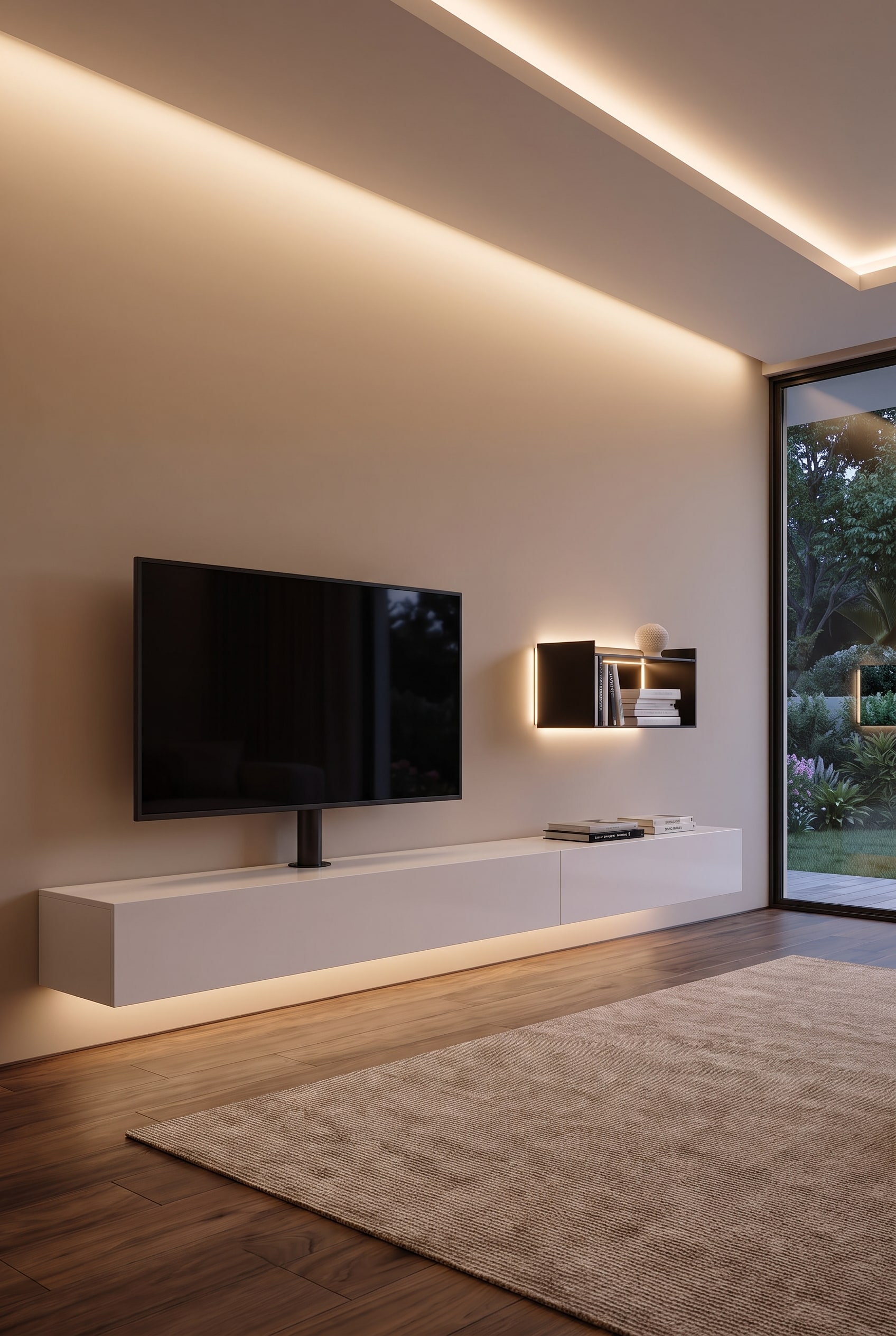 Minimalistisches Lowboard mit integrierter TV-Halterung, völlig kabelfrei, matte Oberfläche im aufgeräumten Wohnzimmer