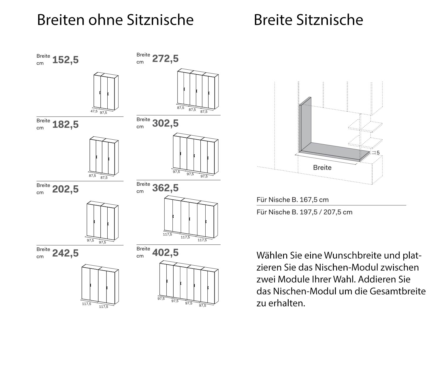 Design Kleiderschrank Gola mit Sitzbank Breiten Skizze