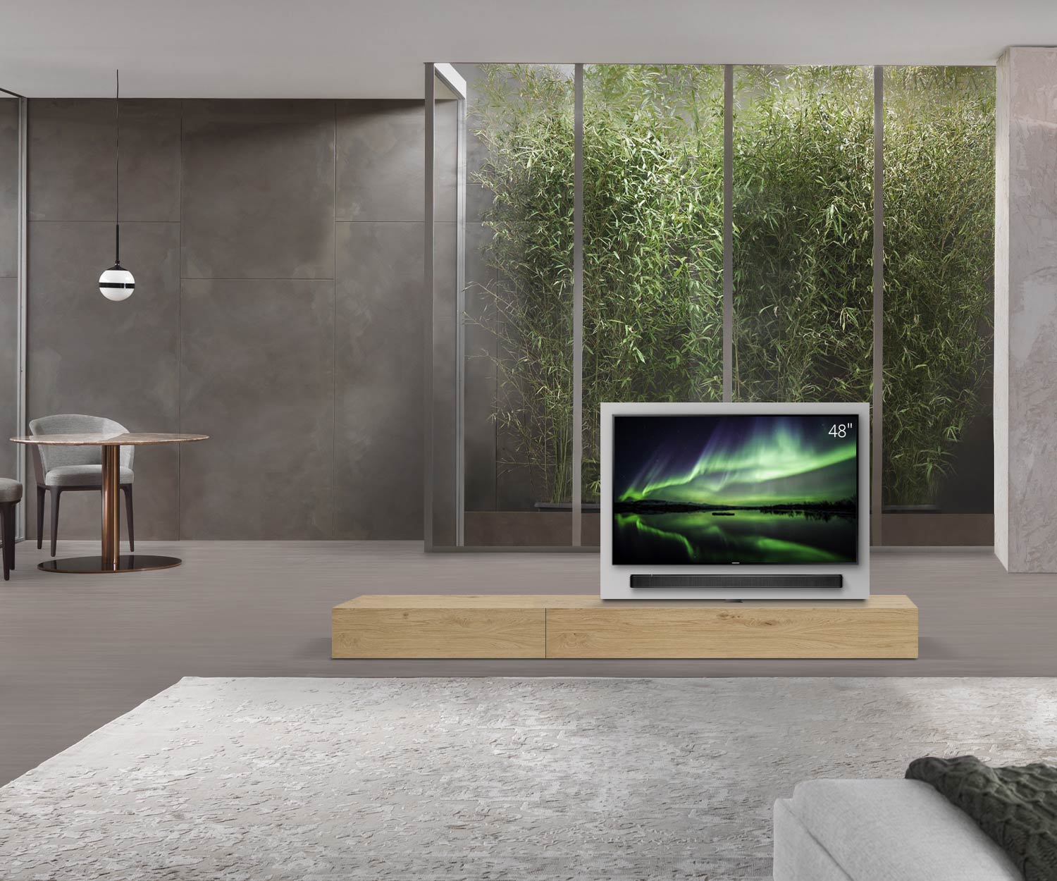 Livitalia Roto design lowboard room divider with swivelling TV panel W150 50 H25 D56 EiHe B90li oBox Livitalia Roto design lowboard room divider with swivelling TV panel W150 50 H25 D56 EiHe B90li oBox