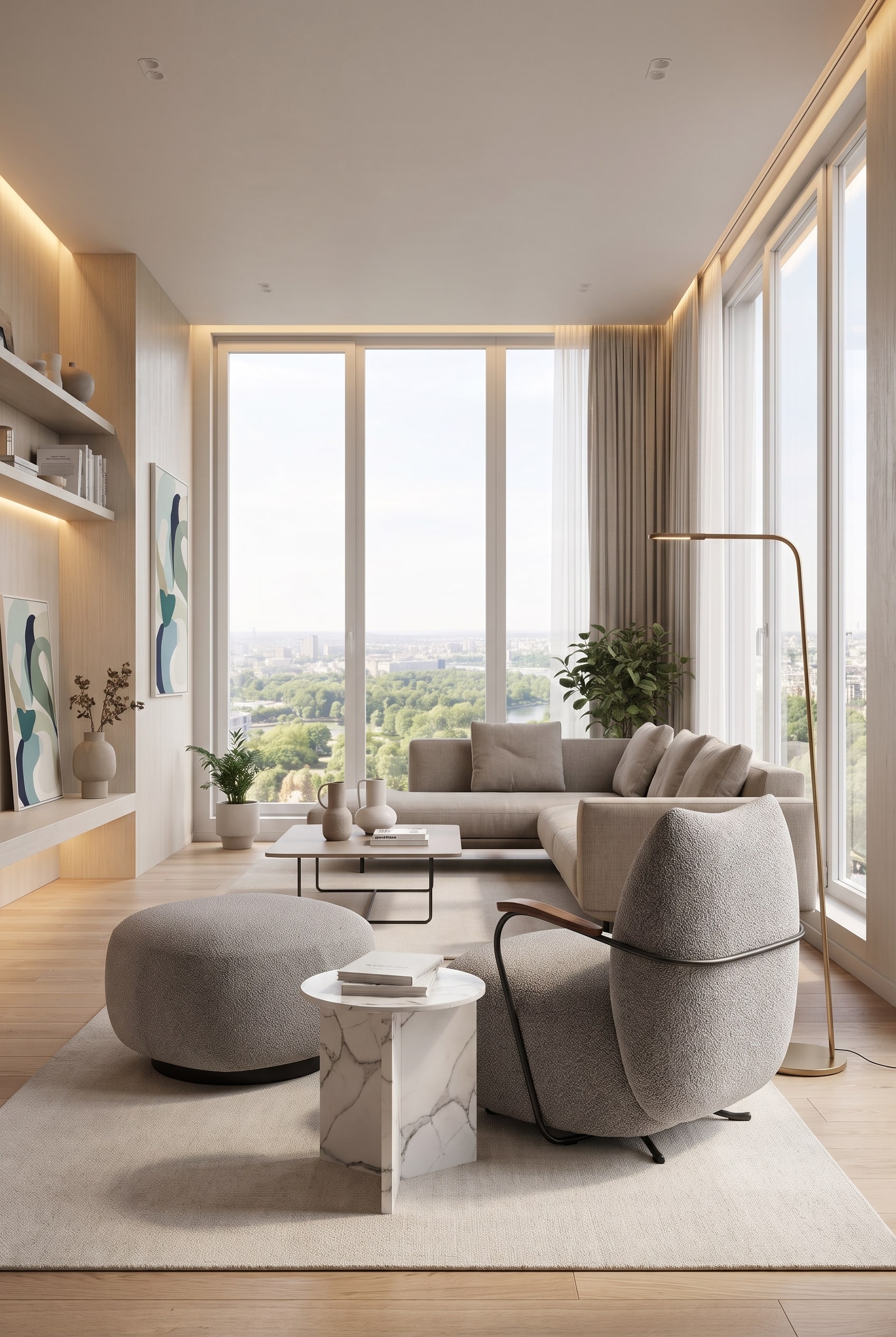 Blik in een kleine, modern ingerichte woonkamer, waarin de compacte Prostoria fauteuil Buffa vrij in de ruimte staat.