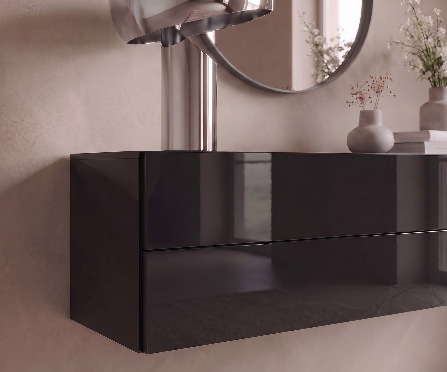 Hängekommode Easy für Flur & Schlafzimmer: Schwebendes Sideboard in Schwarz Hochglanz von Novamobili mit Deko.