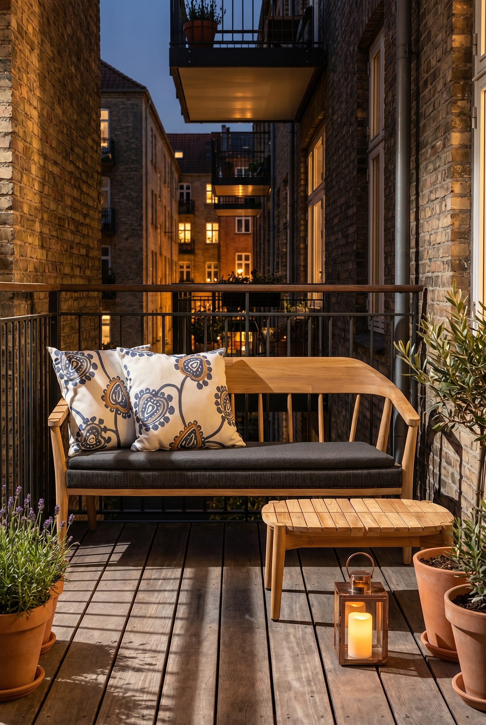 Balcone stretto con un divano compatto a due posti in legno con cuscini grigi posizionato sul lato corto della parete