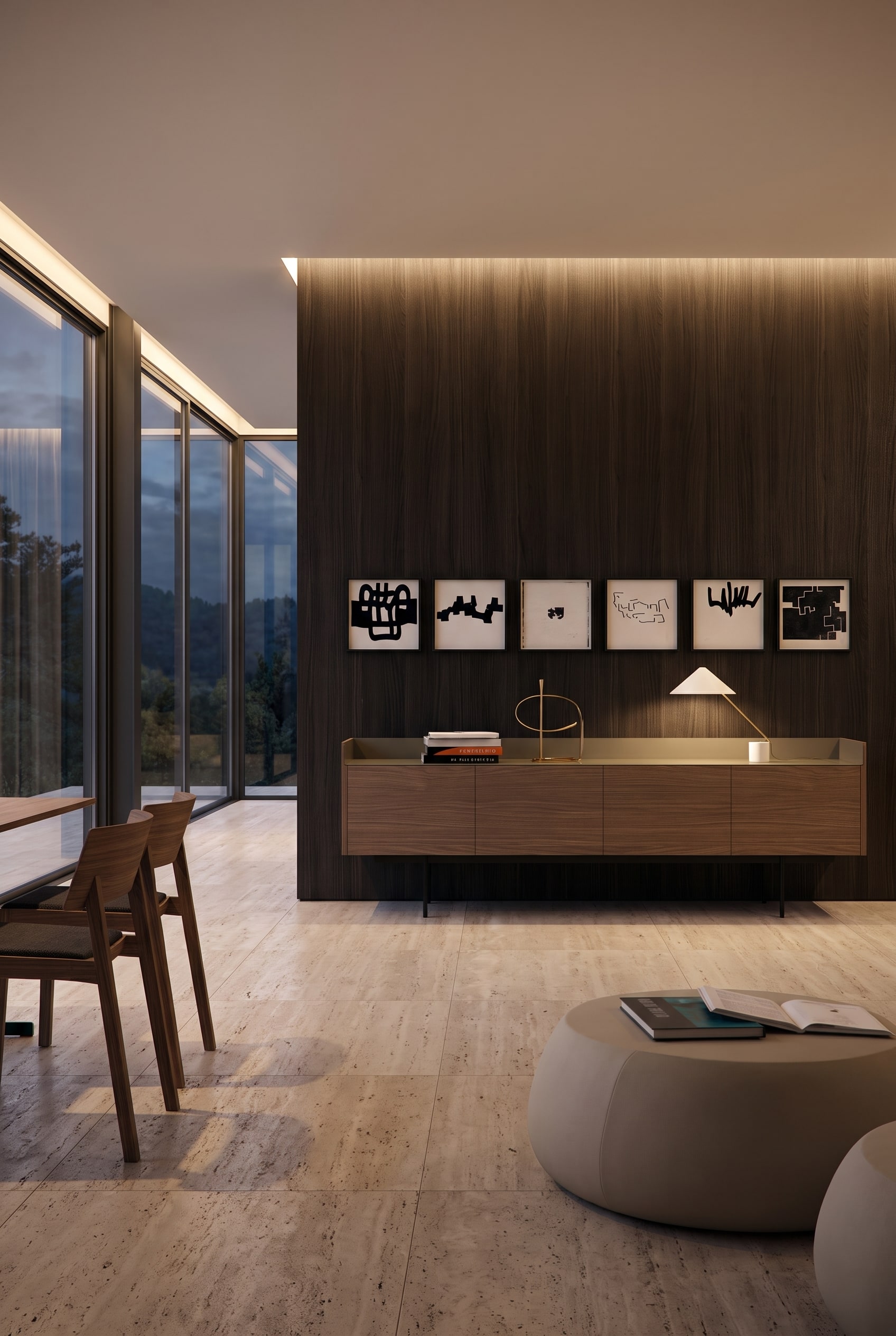 Un elegante Sideboard Punt Stockholm in legno scuro con piano di copertura in alluminio opaco in un soggiorno moderno e soleggiato.