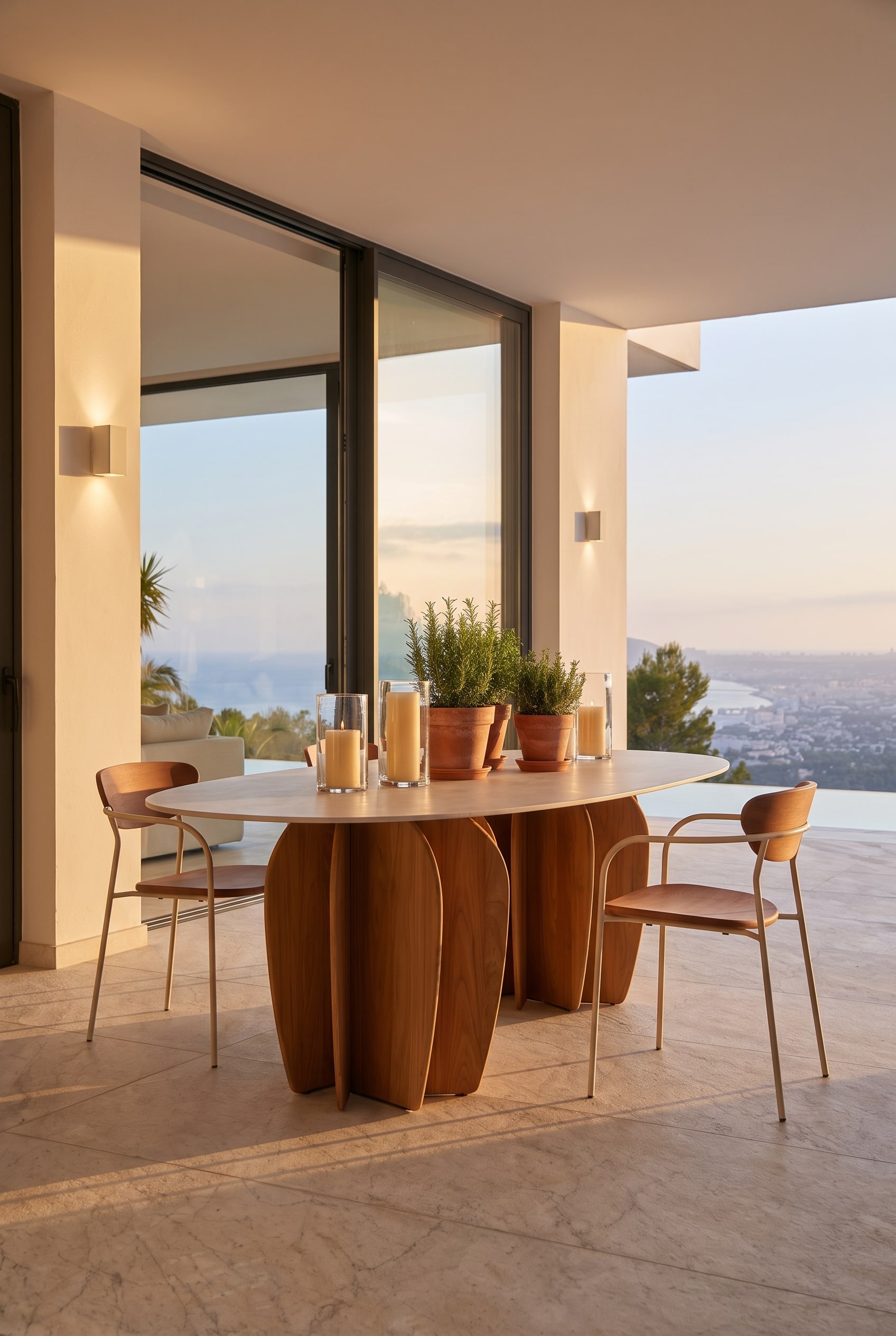 Zonnig terras met ovale houten outdoortafel, zware terracotta potten en bijpassende houten stoelen