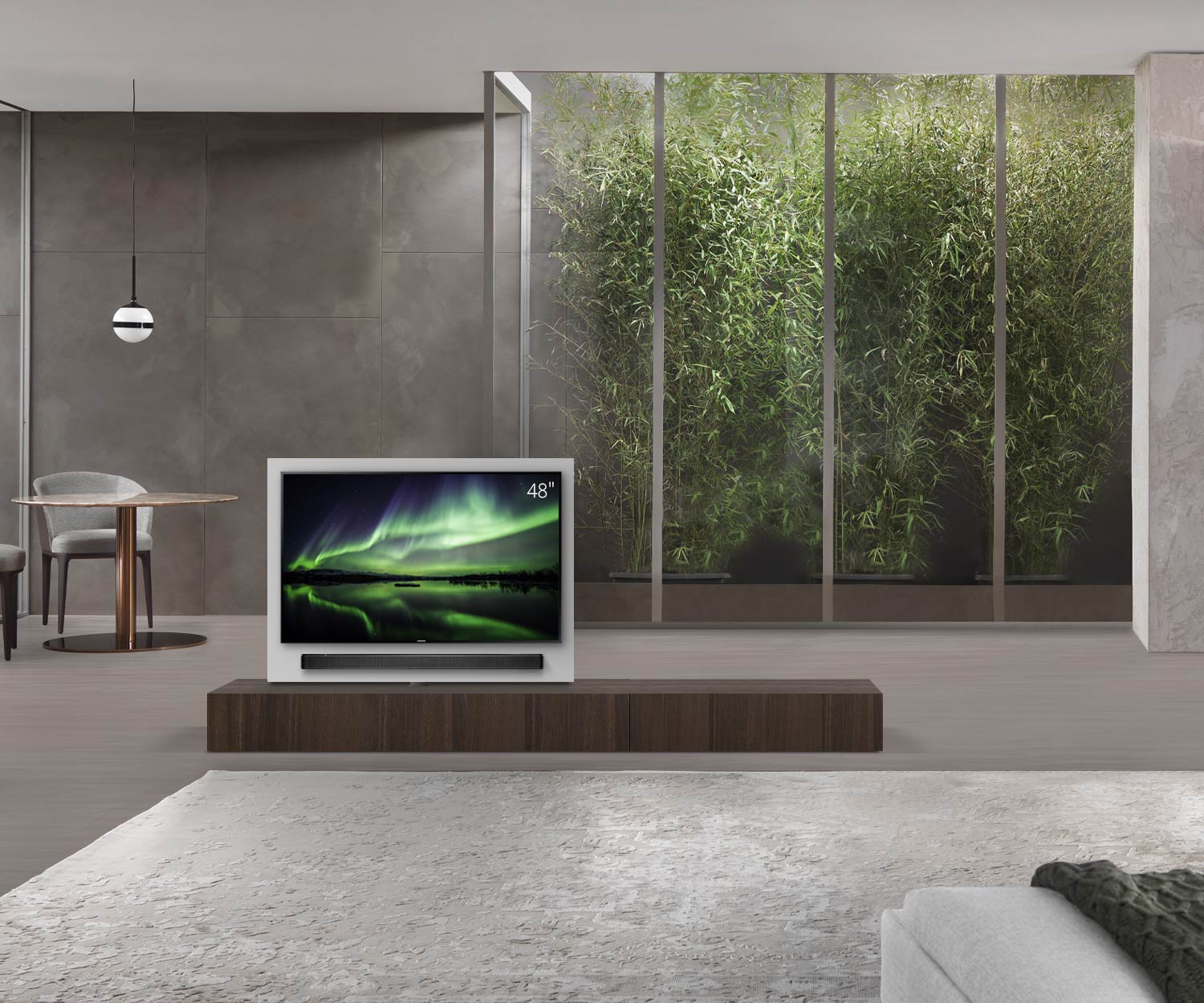 Livitalia Roto Design Lowboard Raumteiler mit drehbarem TV Paneel B150 50 H25 T47 EiBr B90re oBox