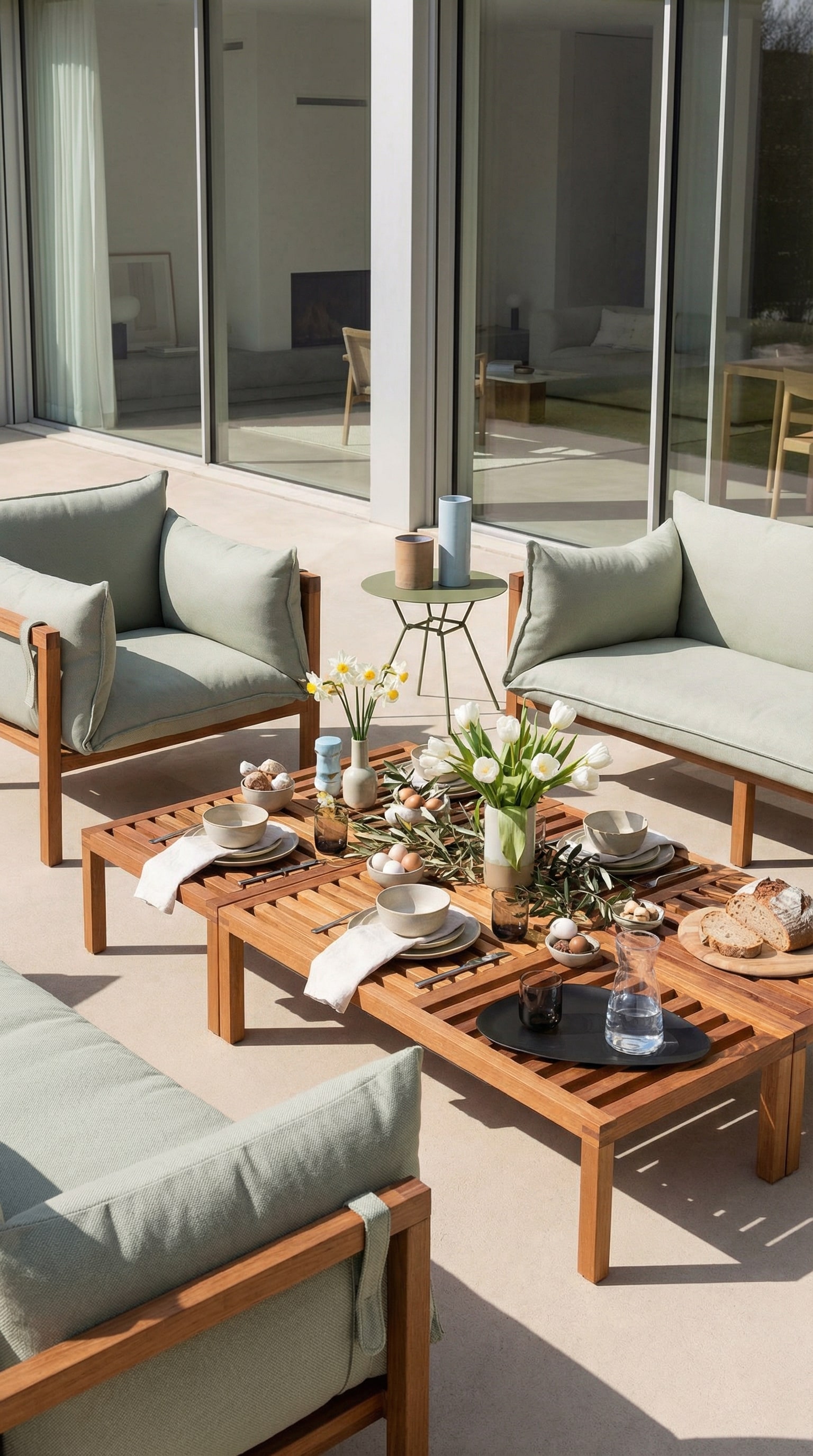 Low solid wooden outdoor side table next to cozy lounge cushions Low solid wooden outdoor side table next to cozy lounge cushions