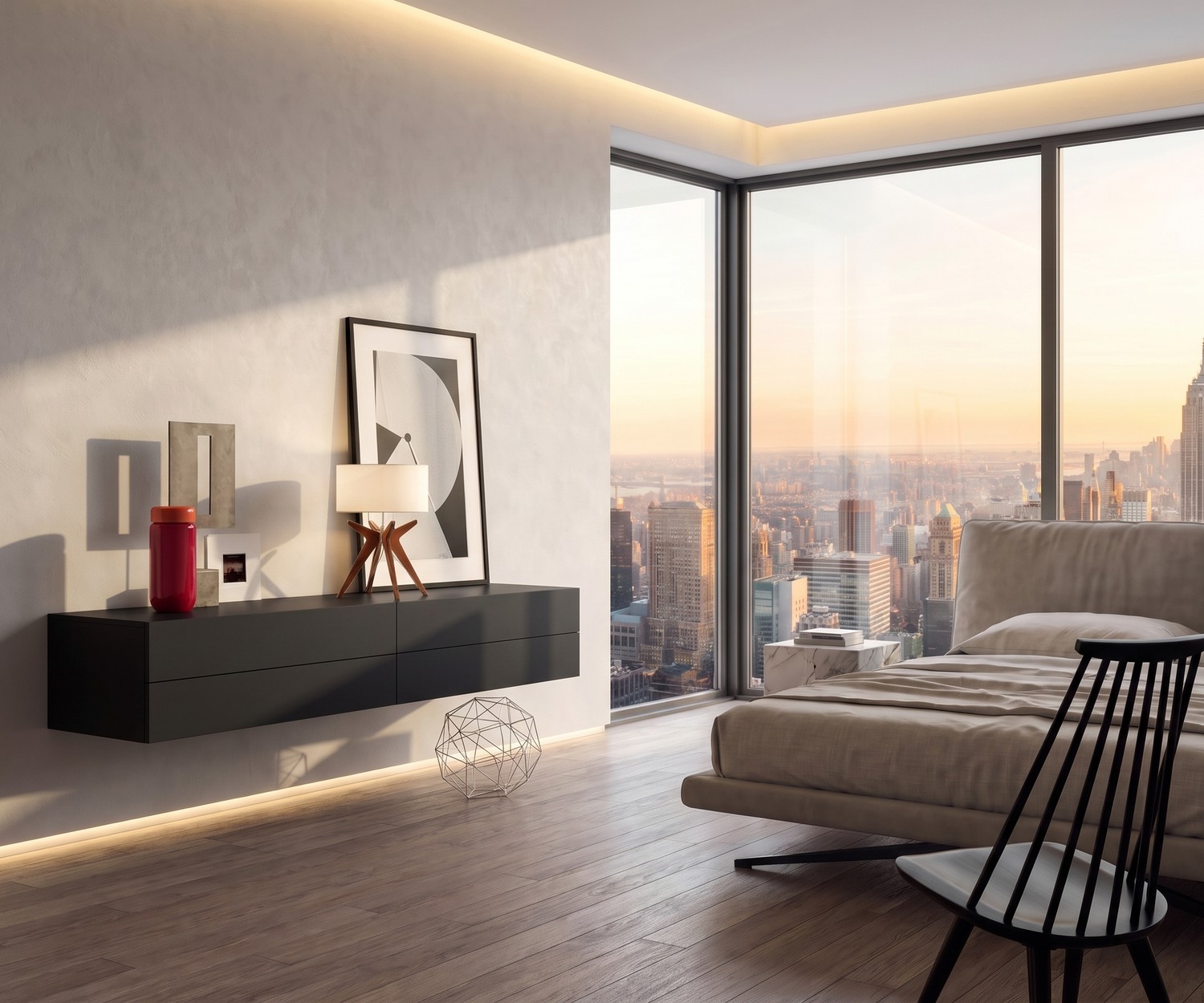 Hängekommode im Schlafzimmer: Novamobili Easy mit 4 Schubladen in Schwarz an einer weißen Wand vor City-Aussicht.