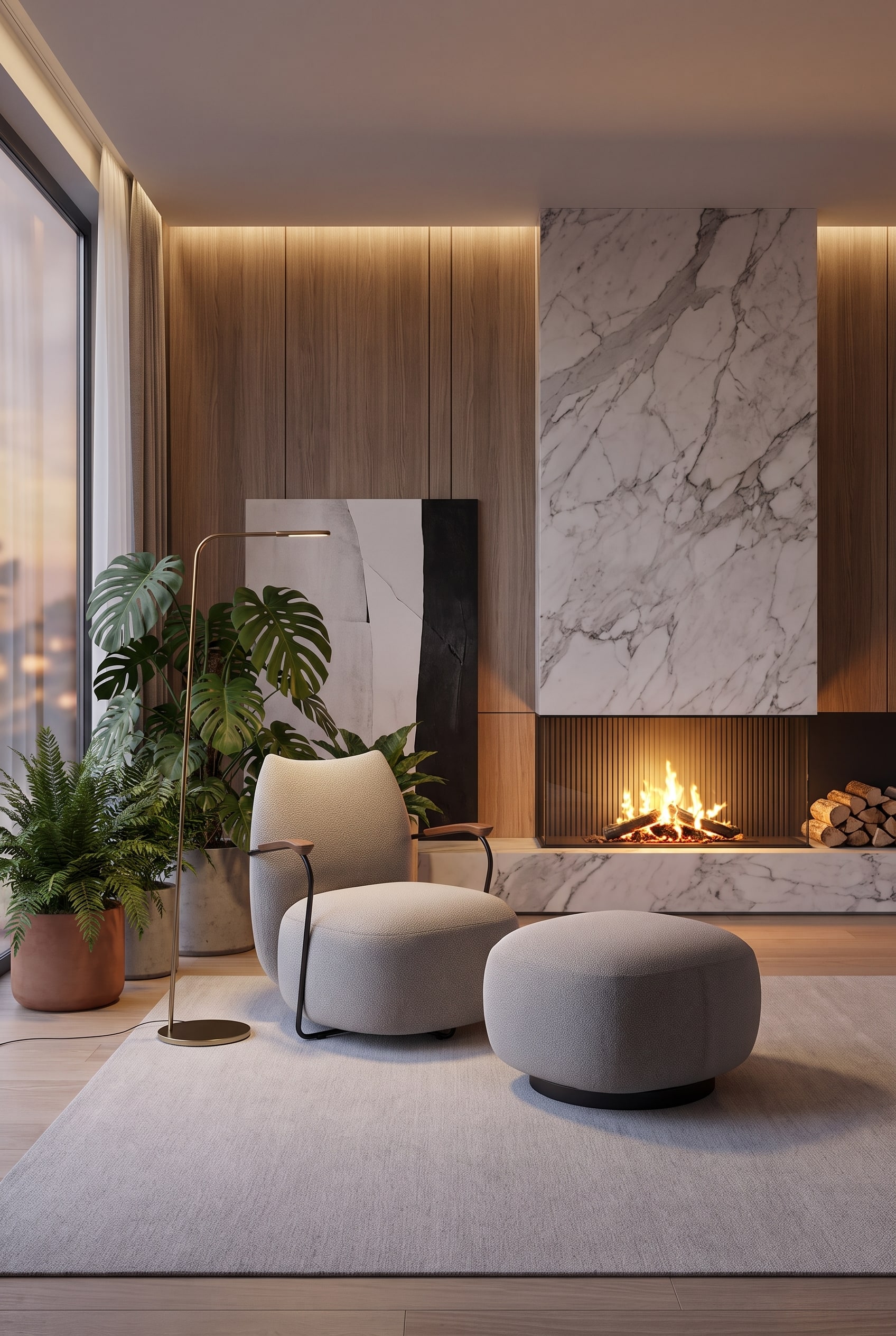 Woonkamer met moderne bank en een zachte fauteuil, die in een hoek van 45 graden ten opzichte van elkaar staan