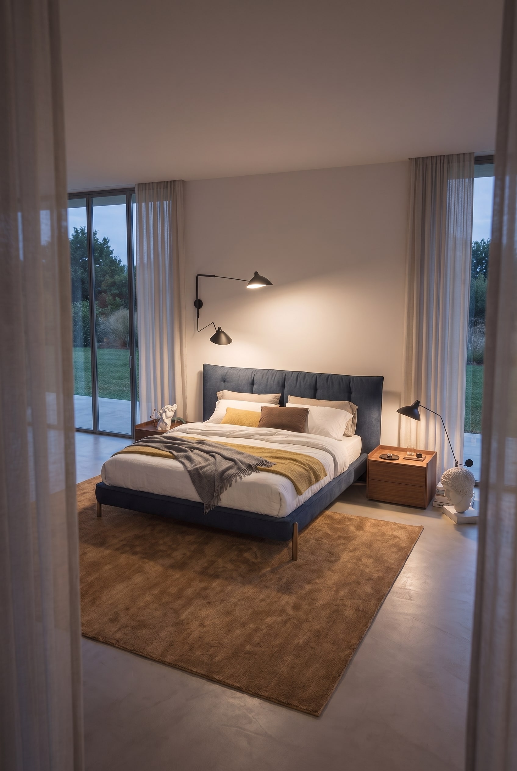 Symmetrische slaapkamerinrichting met een groot tapijt onder een donkerblauw gestoffeerd bed, omlijst door transparante gordijnen.