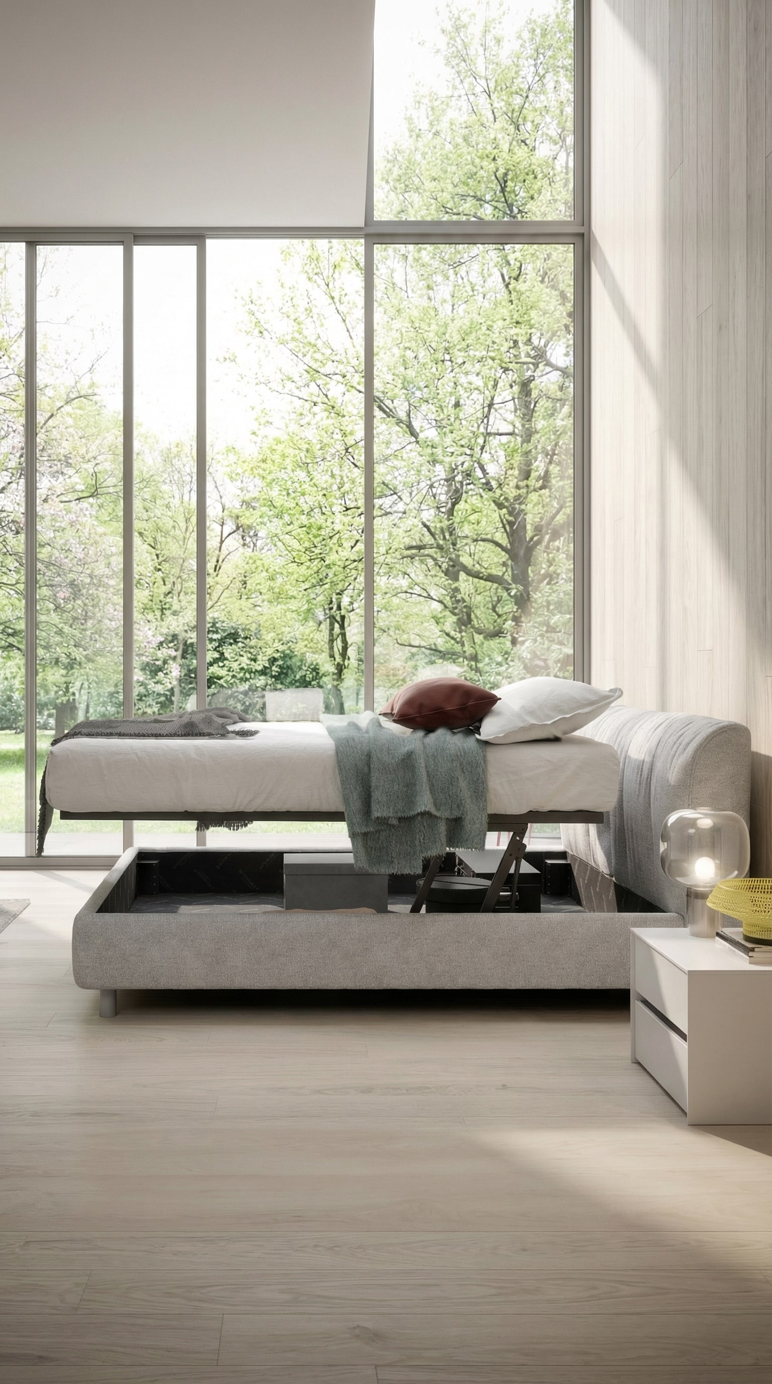 Novamobili Polsterbett Belleville mit Bettkasten in einem hellen, frühlingshaften Schlafzimmer Novamobili Polsterbett Belleville mit Bettkasten in einem hellen, frühlingshaften Schlafzimmer