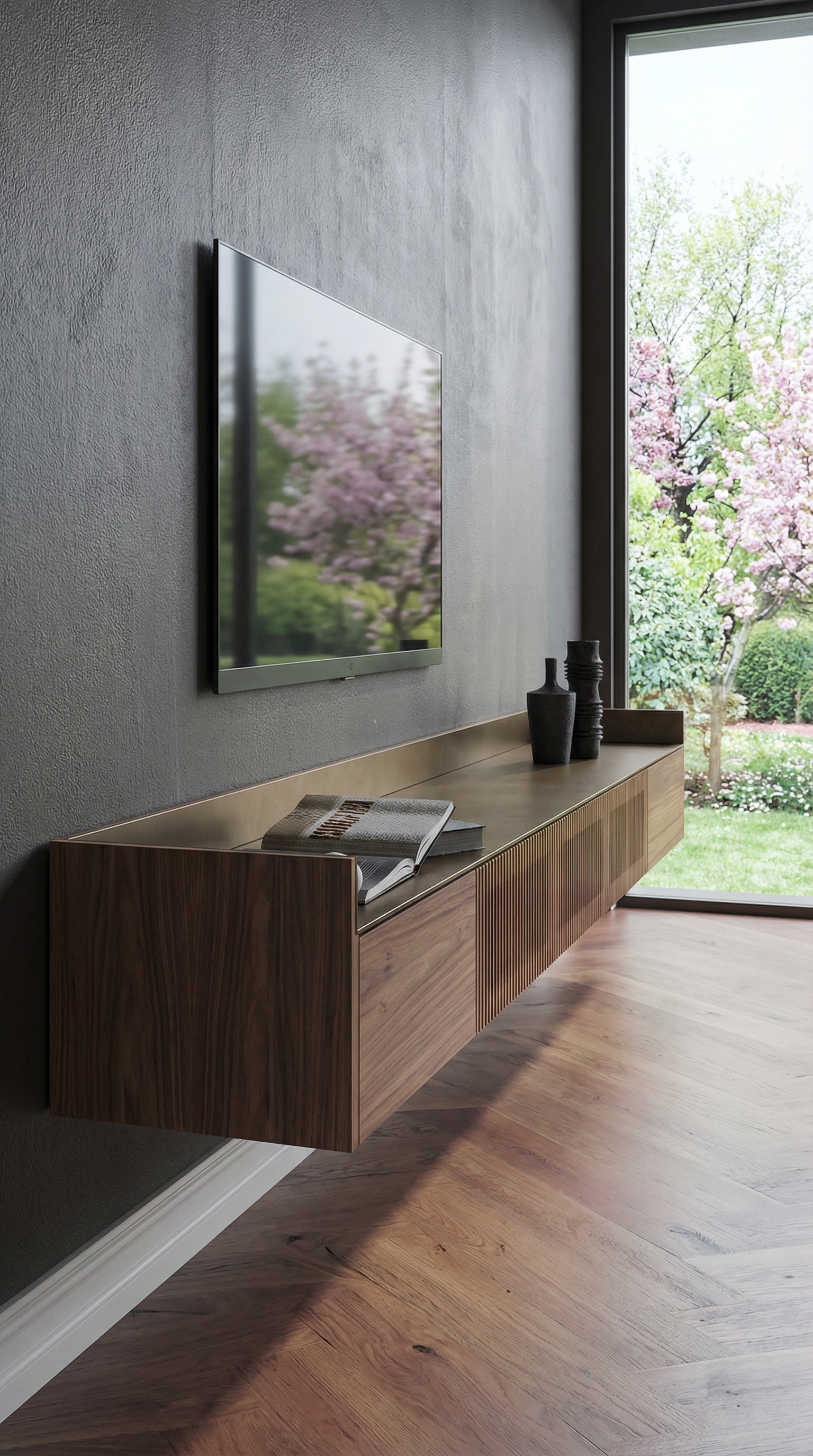 Punt Stockholm Slim Sideboard hängend in Walnuss mit Bronze Abdeckung in modernem Ambiente Punt Stockholm Slim Sideboard hängend in Walnuss mit Bronze Abdeckung in modernem Ambiente