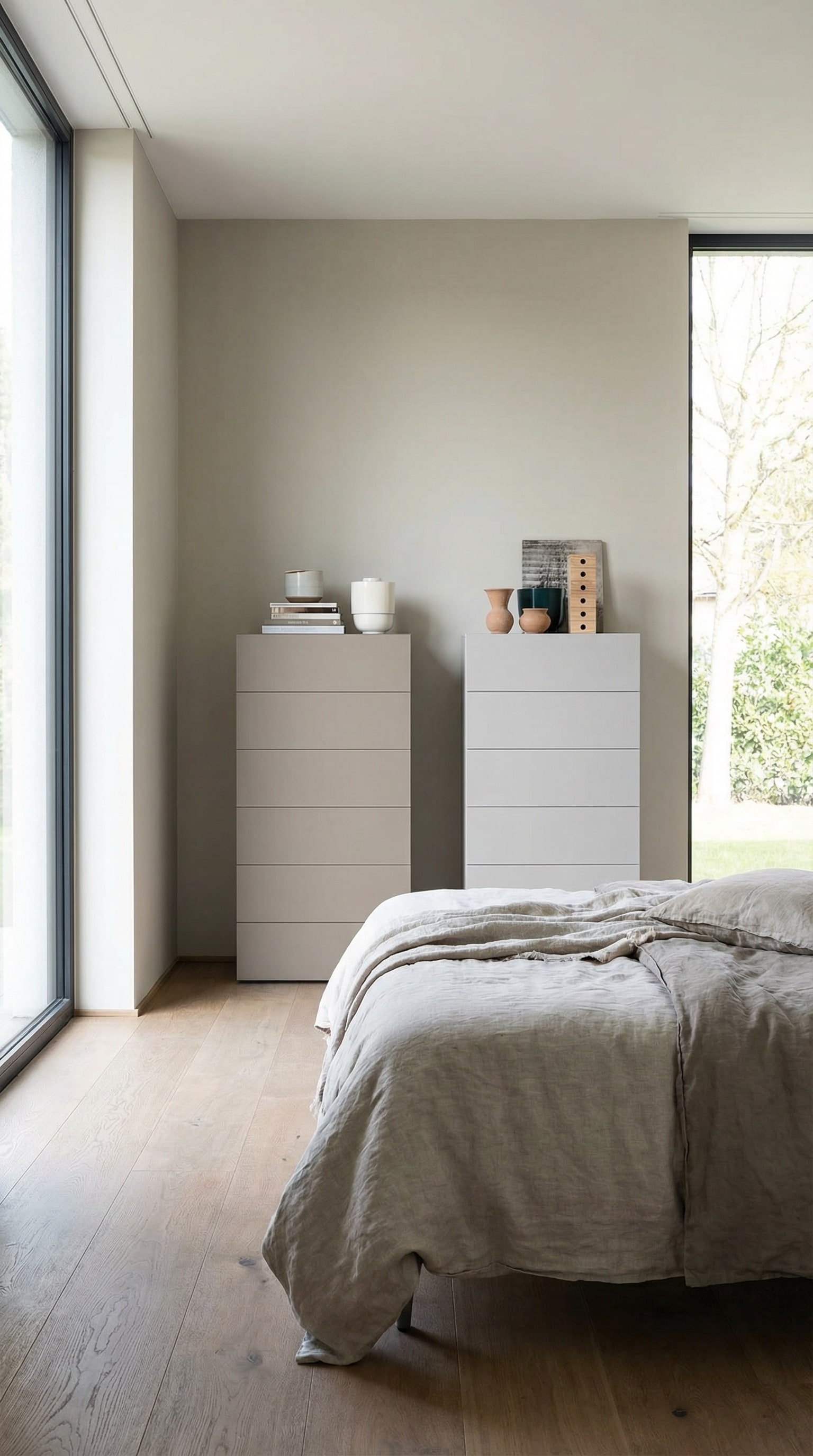 Two elegant, narrow tall chests of drawers in a modern bedroom, visually reminiscent of a graceful skyline, making the room feel airy.