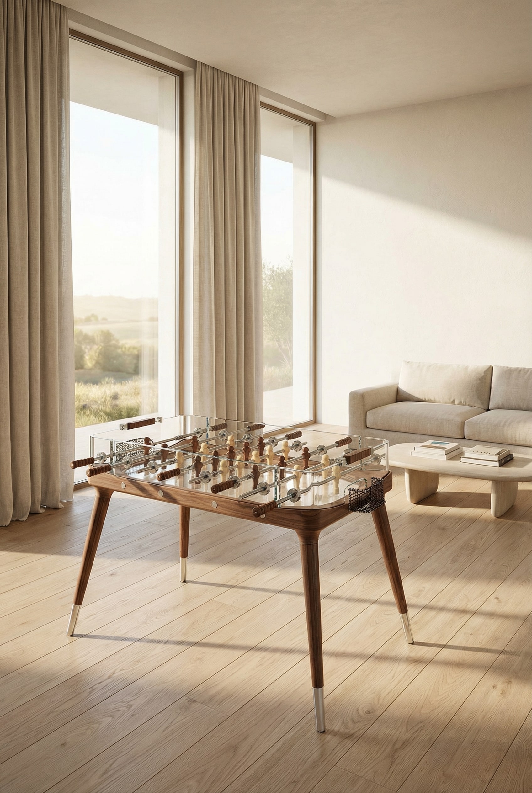 A transparent designer foosball table made of crystal glass in a light-filled, modern living room with large window fronts. A transparent designer foosball table made of crystal glass in a light-filled, modern living room with large window fronts.