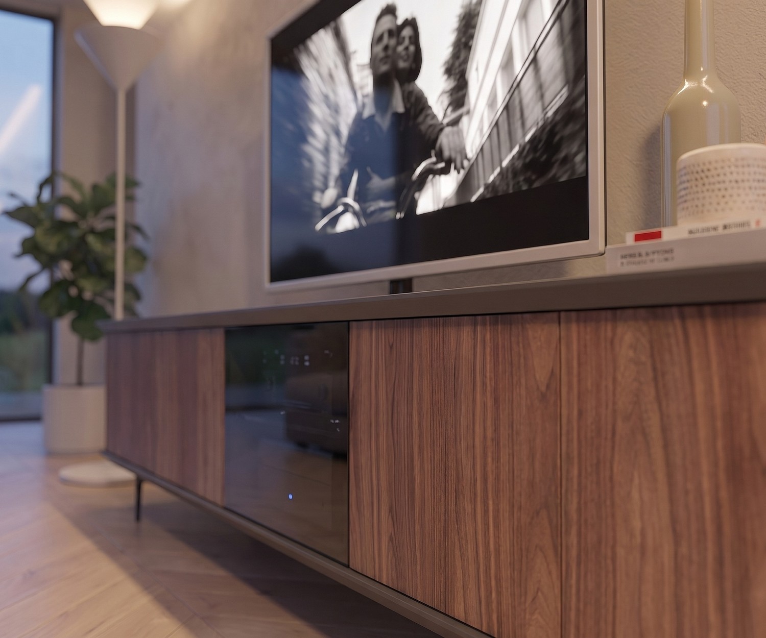 Ozzio Brera TV Media Lowboard in Walnut Ozzio Brera TV media unit in walnut wood with dark glass front for modern living room storage.