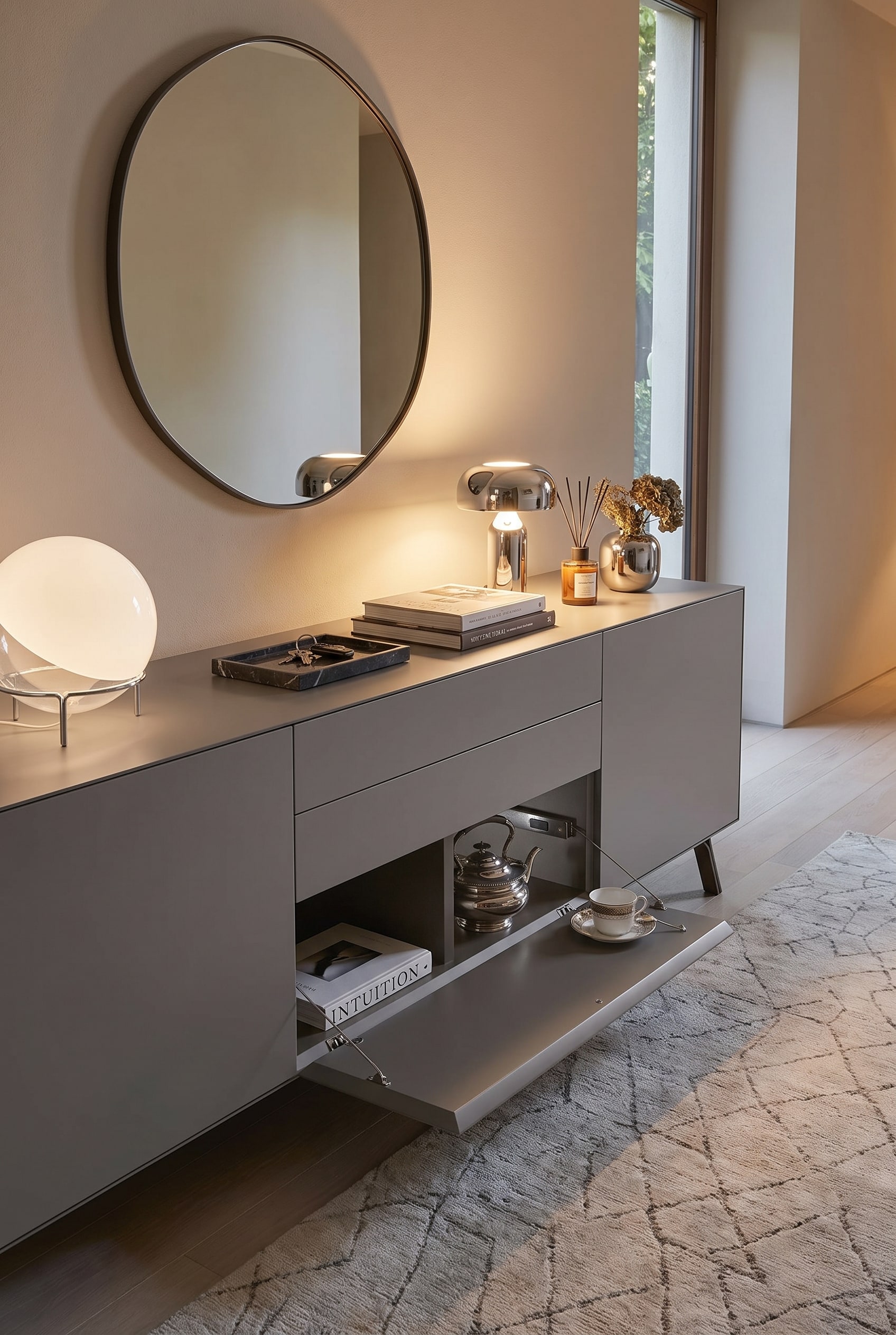 Geopende klep van een grijs design dressoir, binnenin is een zilveren theeset met kopje op een legplank geplaatst.