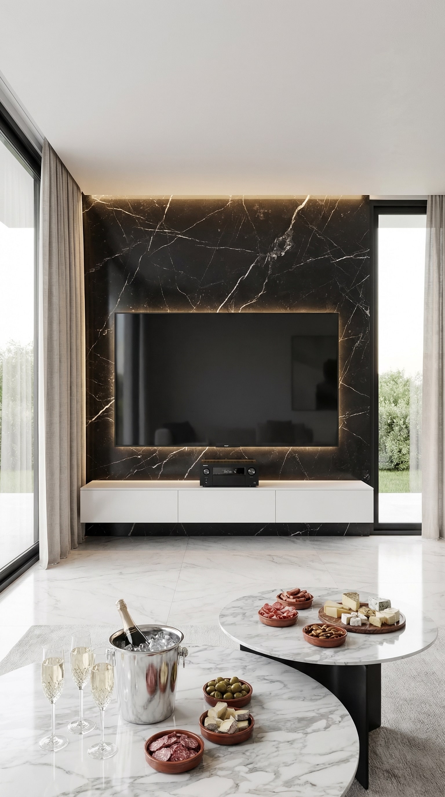 Sehr breites, mattwei&szlig;es schwebendes Lowboard an einer gro&szlig;en Wand in einem lichtdurchfluteten Wohnzimmer.