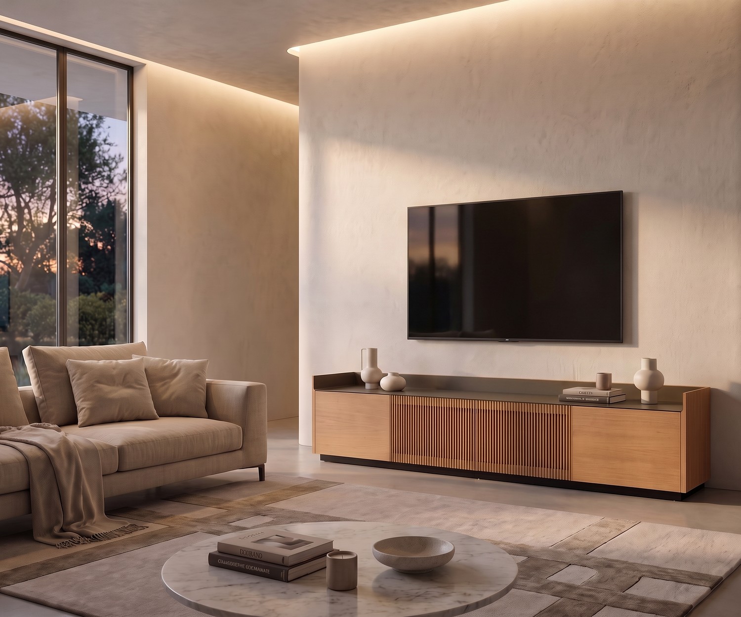 Punt Stockholm TV Lowboard aus Holz Punt Stockholm TV Lowboard aus Holz im modernen Wohnzimmer. Elegantes TV-Möbel mit Aluminiumplatte und Lamellen.