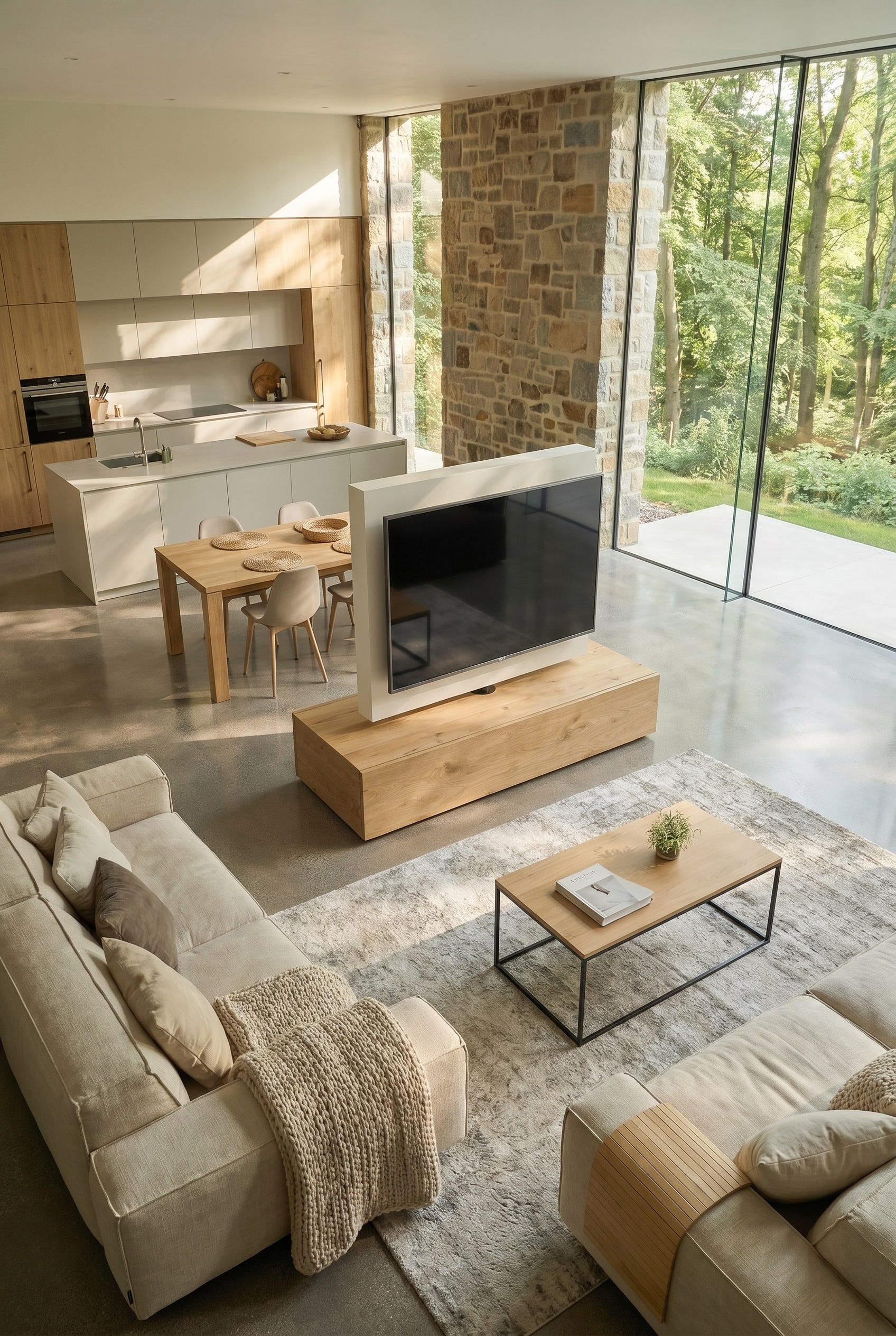 Light-flooded open-plan kitchen-diner with a half-height room divider that allows an unobstructed view of the windows Light-flooded open-plan kitchen-diner with a half-height room divider that allows an unobstructed view of the windows