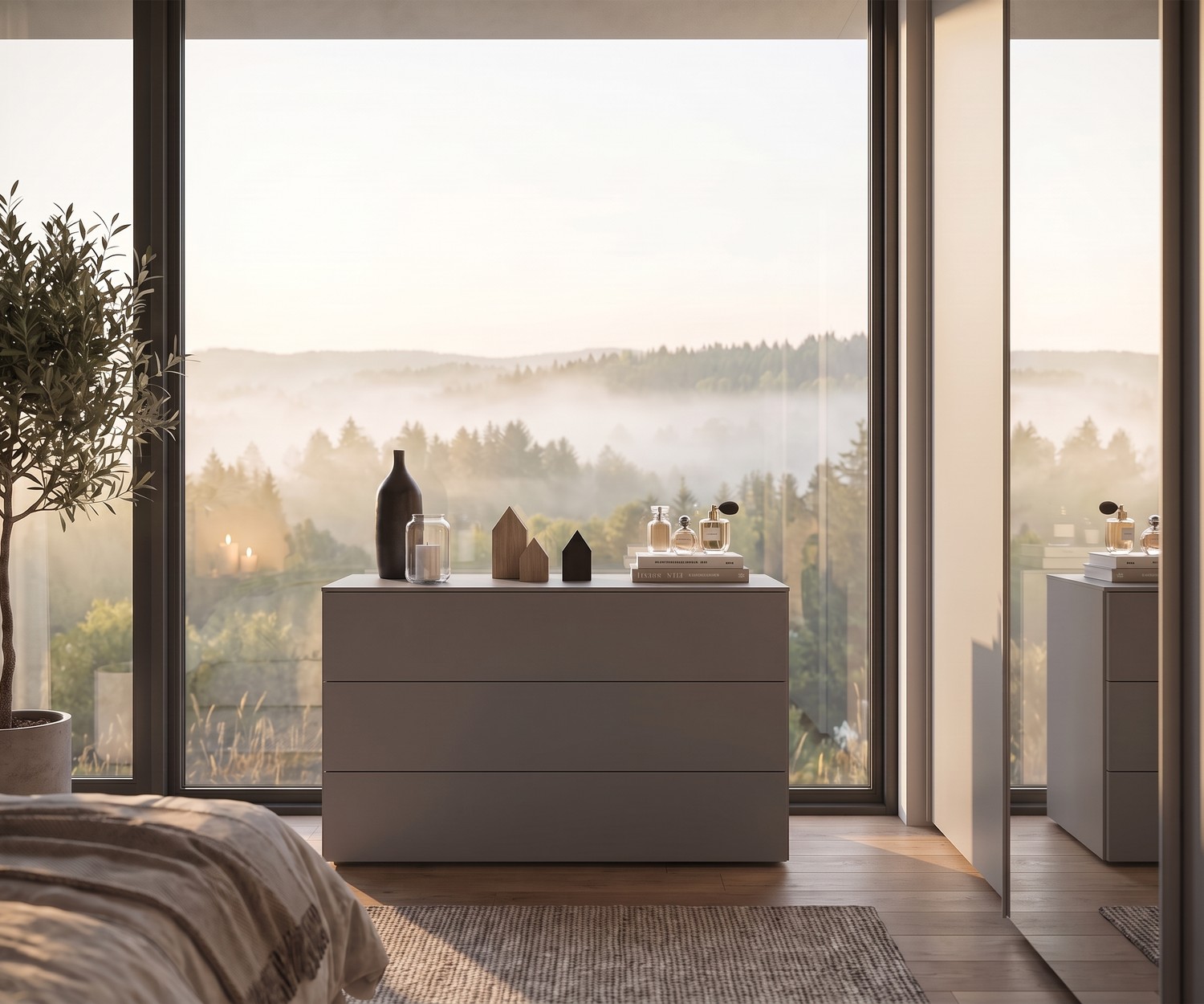 Moderne Livitalia Atena Design-Kommode fürs Schlafzimmer Atena Kommode von Livitalia zur Schlafzimmer-Aufbewahrung vor einem Panoramafenster im modernen, minimalistischen Stil.