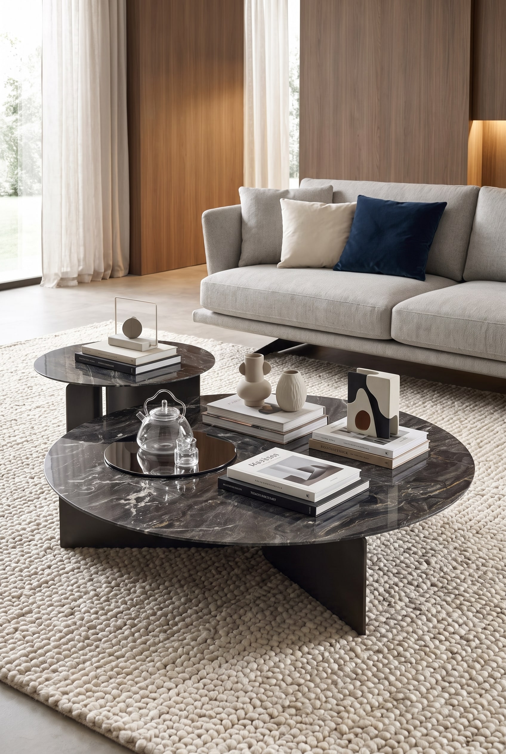 Moderne woonkamer met de organisch gevormde Marelli Salontafel Wave als contrast met strakke banken