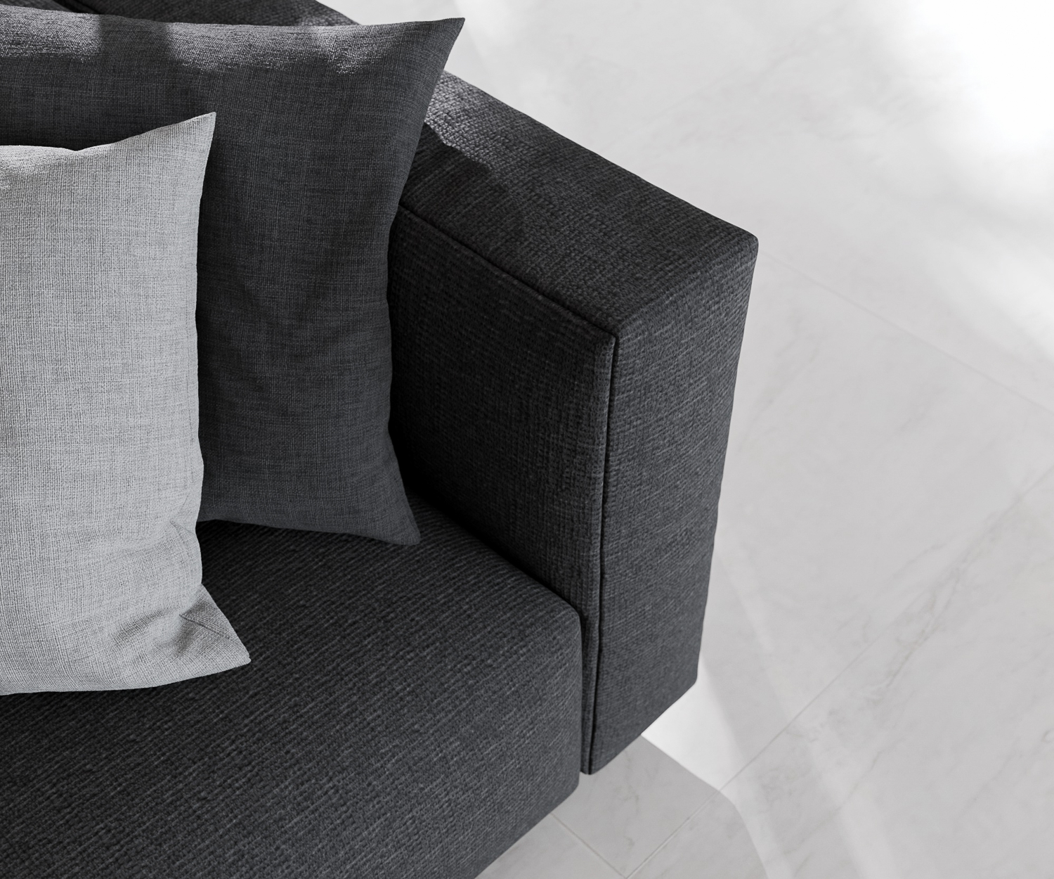 Eckbank Detail Foto von Prostoria Match L Sofa in schwarzem Stoffbezug
