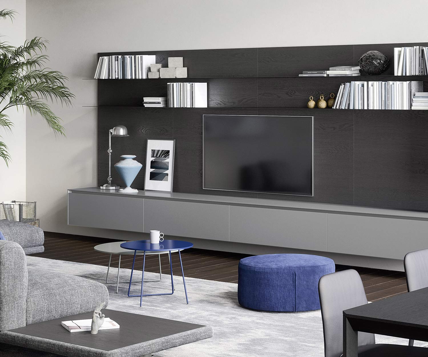 Grosse Design Wohnwand mit Lowboard und Wandpaneel Regale haengend furniert lackiert matte farben Grosse Design Wohnwand mit Lowboard und Wandpaneel Regale haengend furniert lackiert matte farben