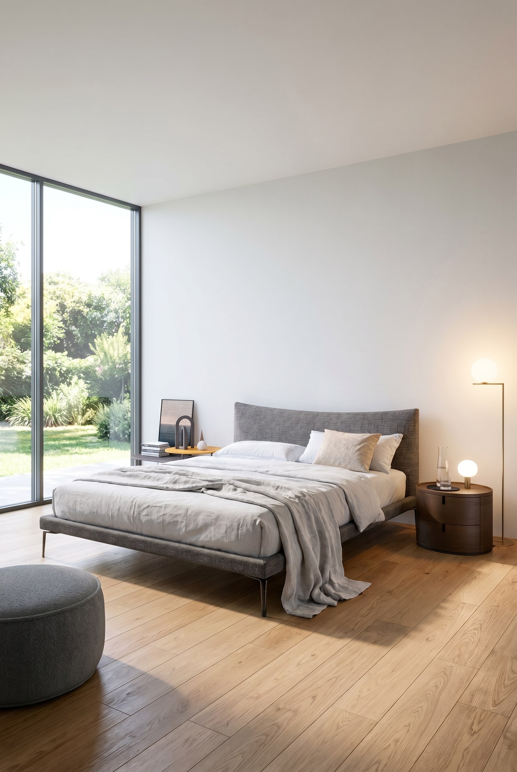 Bedroom with a grey bed standing on delicate feet, large windows, and a floor lamp with warm light