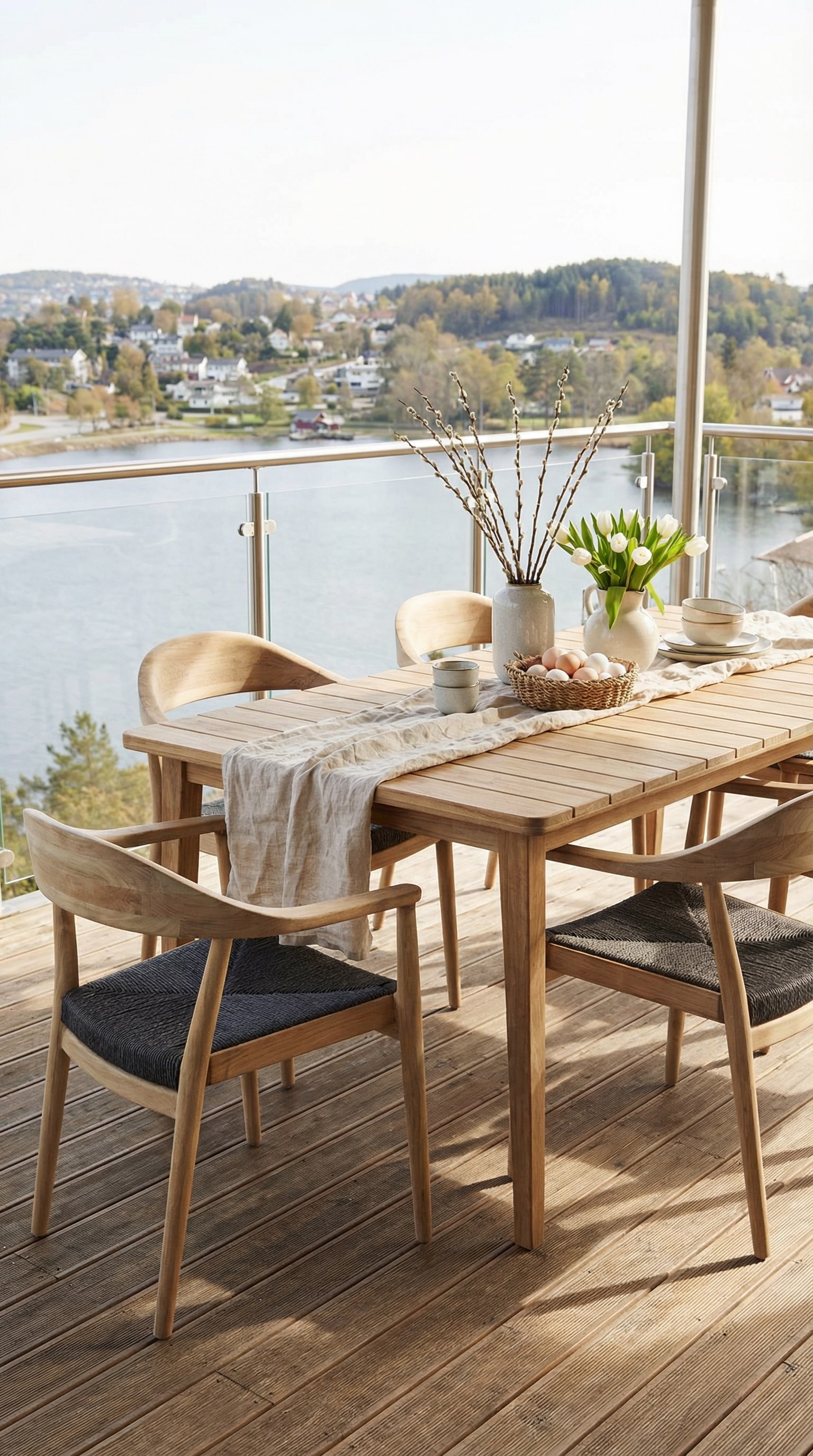 Scandinavian garden table made of solid wood on a terrace Scandinavian garden table made of solid wood on a terrace