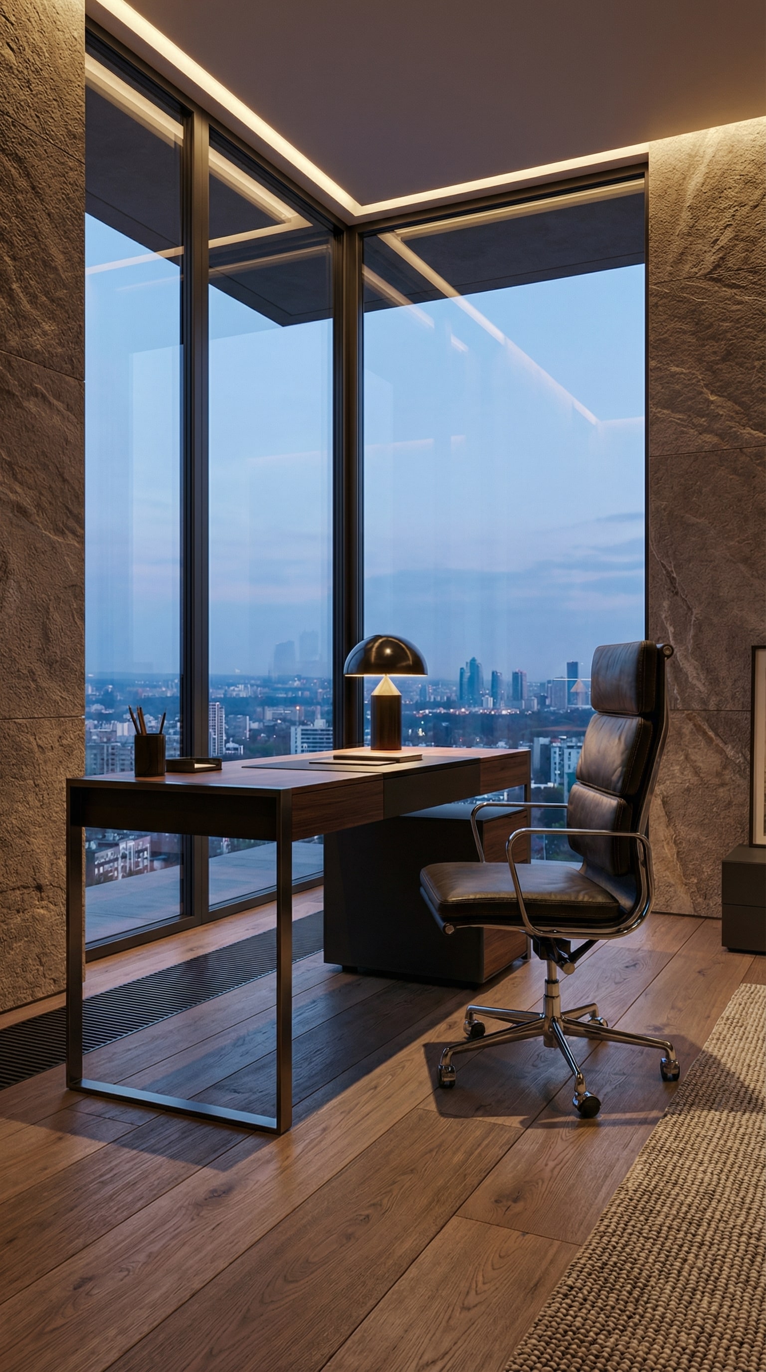 Der ICF Una Chair Management B&uuml;rostuhl in hochwertigem Leder, edel inszeniert in einem repr&auml;sentativen Wohn-Arbeitsbereich