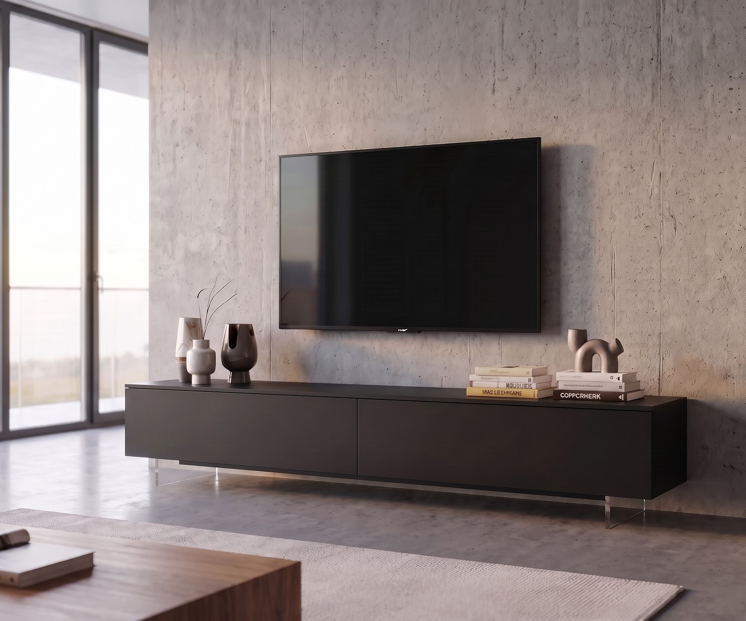 Livitalia transparent TV plinth for floating lowboard in modern living room with concrete wall and black media cabinet.