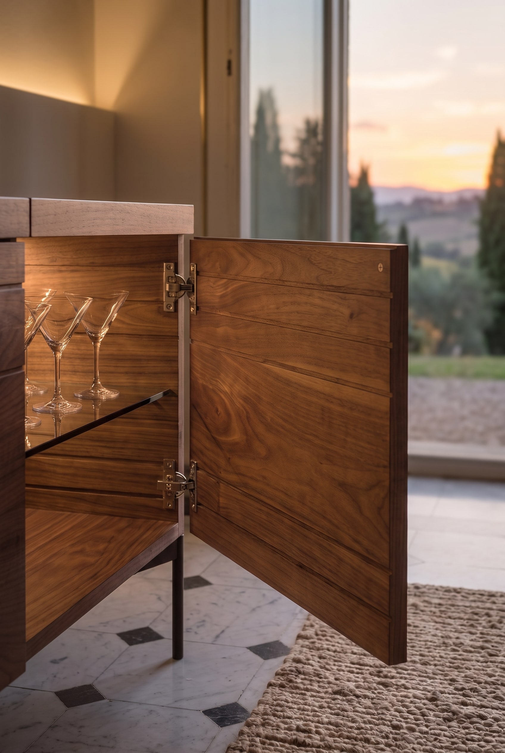 Open door of a wooden sideboard, showing illuminated glass shelves with martini glasses inside.