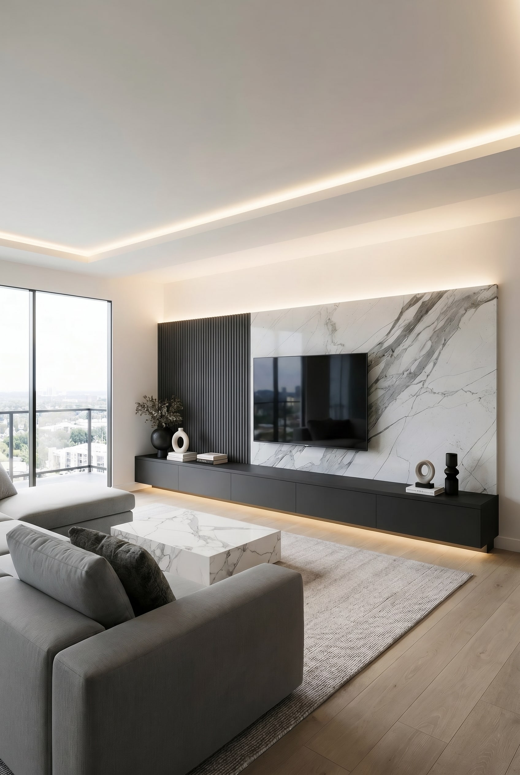 Soggiorno moderno con parete TV su misura, pannelli acustici neri, parete posteriore in marmo bianco e mobili base chiusi grigio scuro