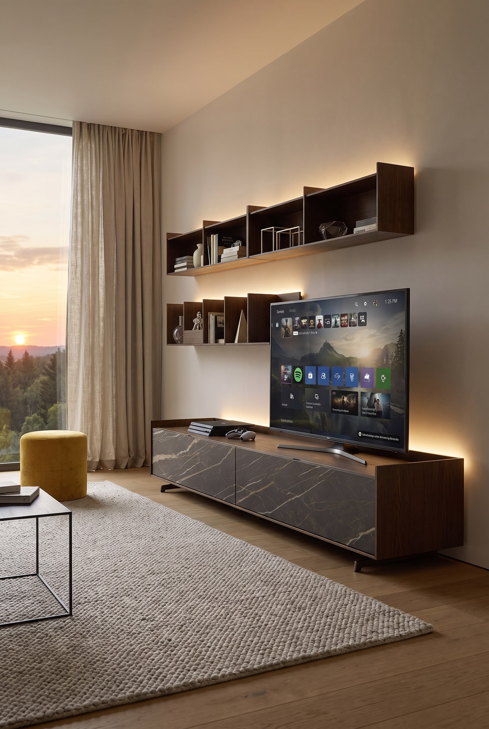 Een asymmetrisch ingedeeld wandrek naast een tv-wand, gevuld met fotoboeken en matte keramische vazen ter verbetering van de ruimteakoestiek.