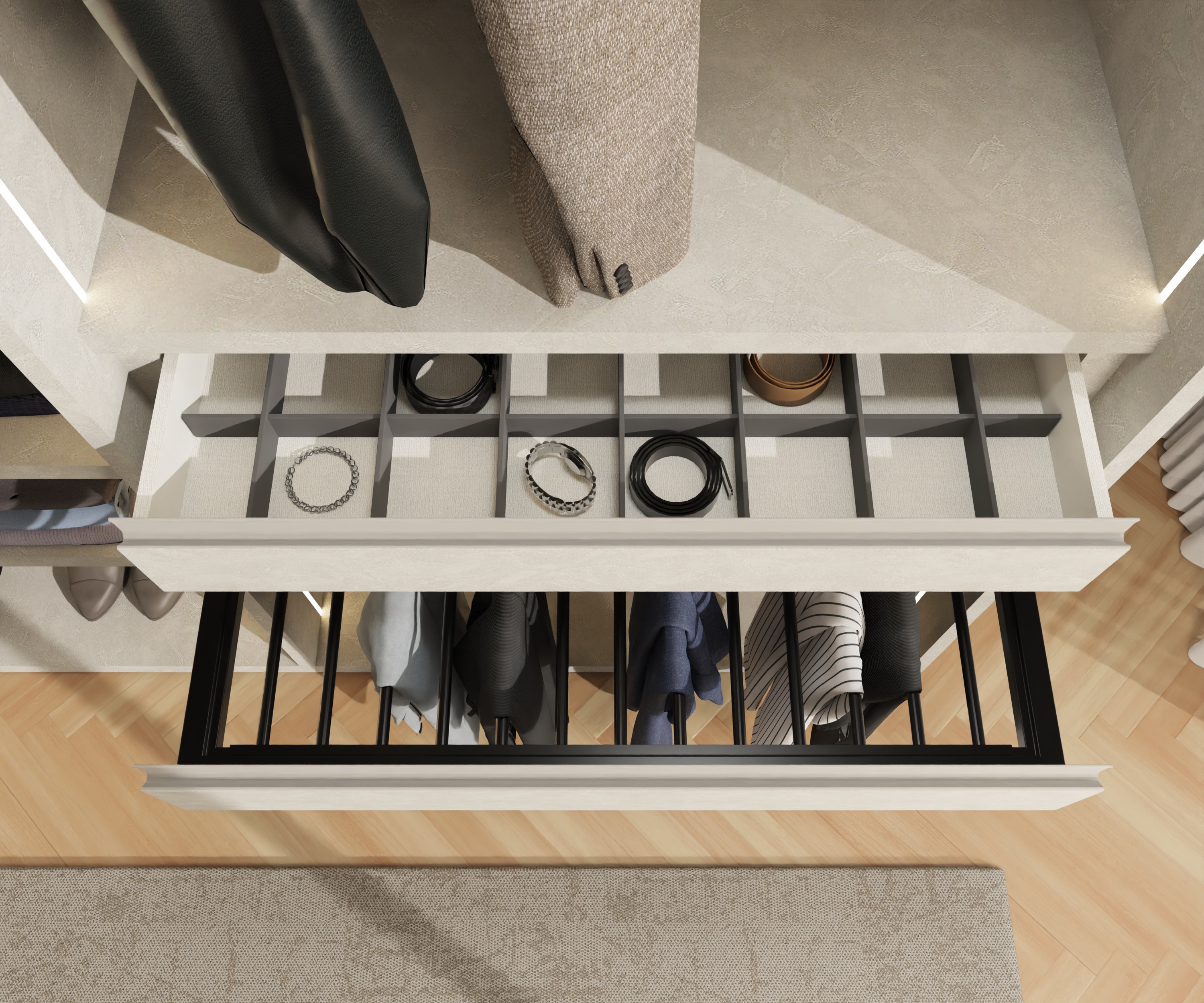 Kleiderschrank offen mit Accessoire Auszug Kleiderschrank offen mit Accessoire Auszug